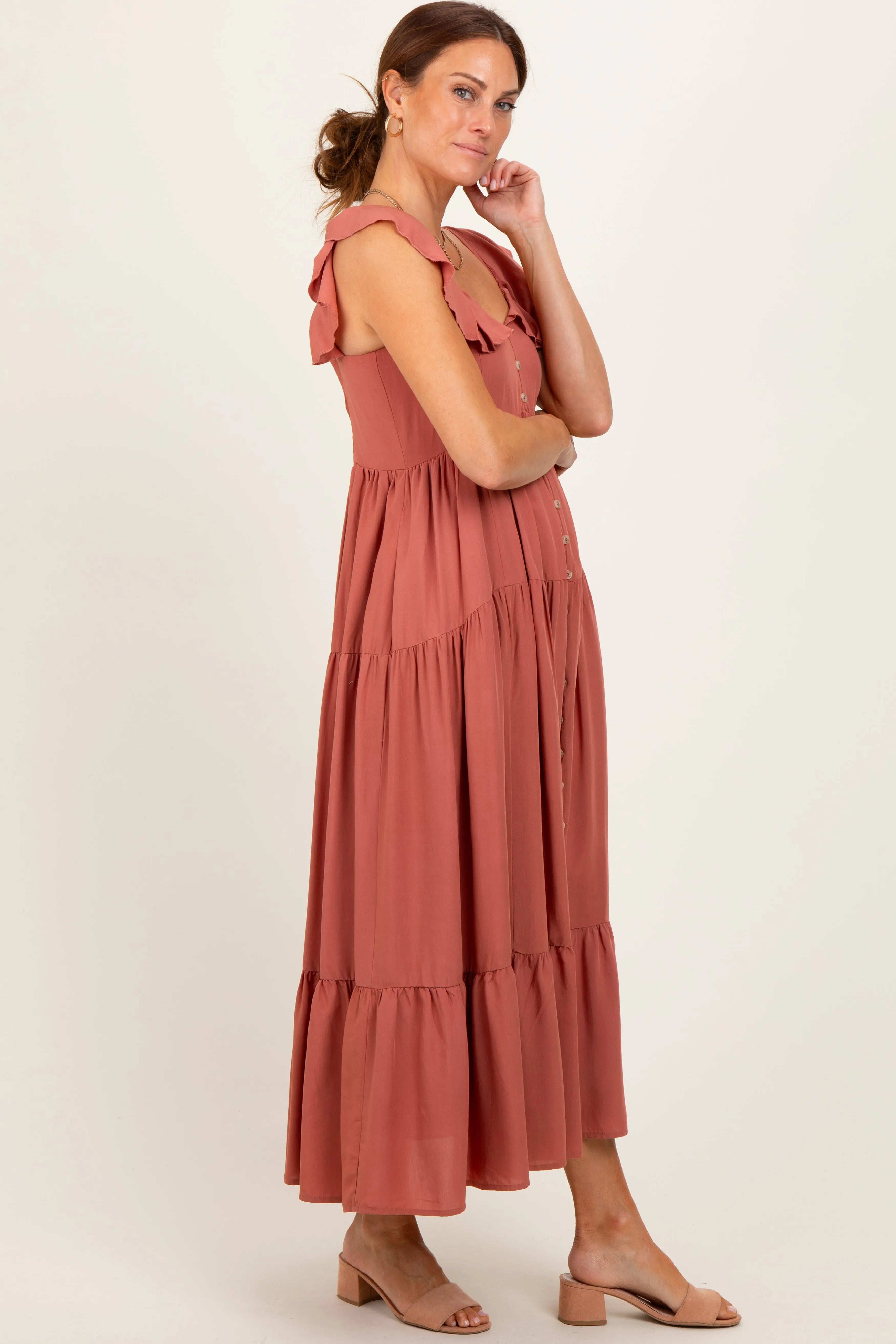Rust Button Front Ruffle Square Neck Midi Dress PinkBlush