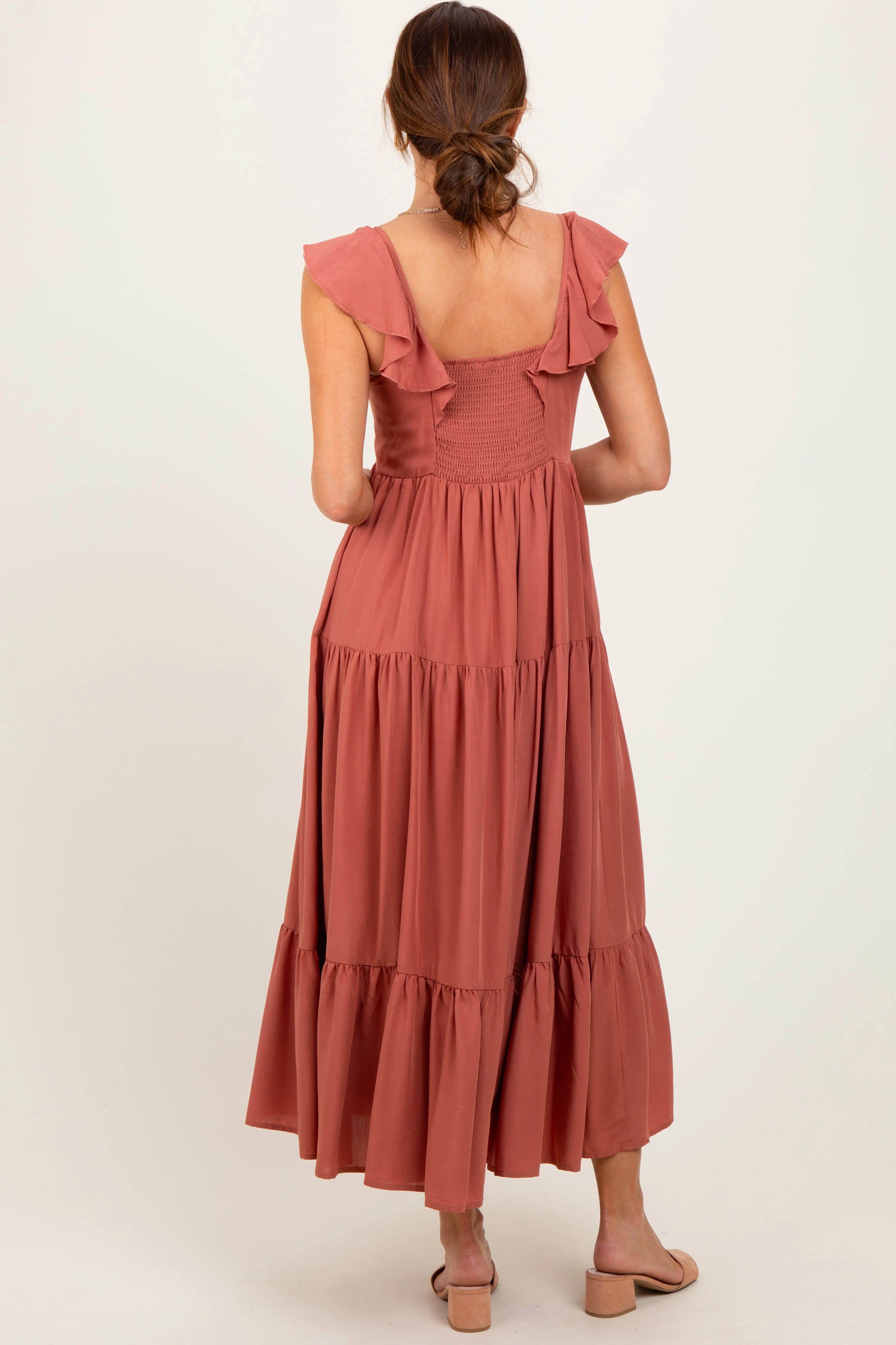 Rust Button Front Ruffle Square Neck Midi Dress PinkBlush