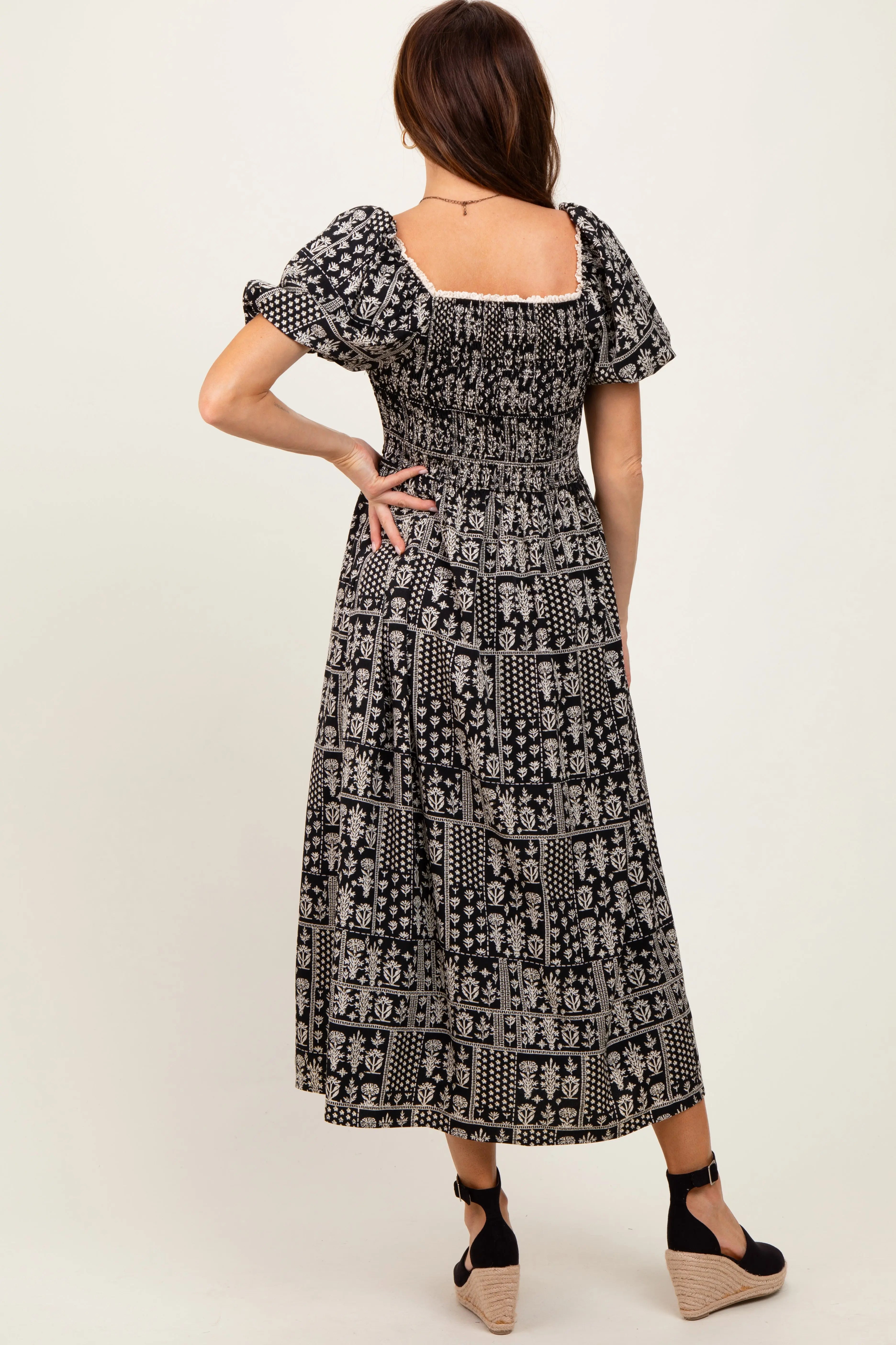 Black Patch Printed Smocked Midi Dress PinkBlush