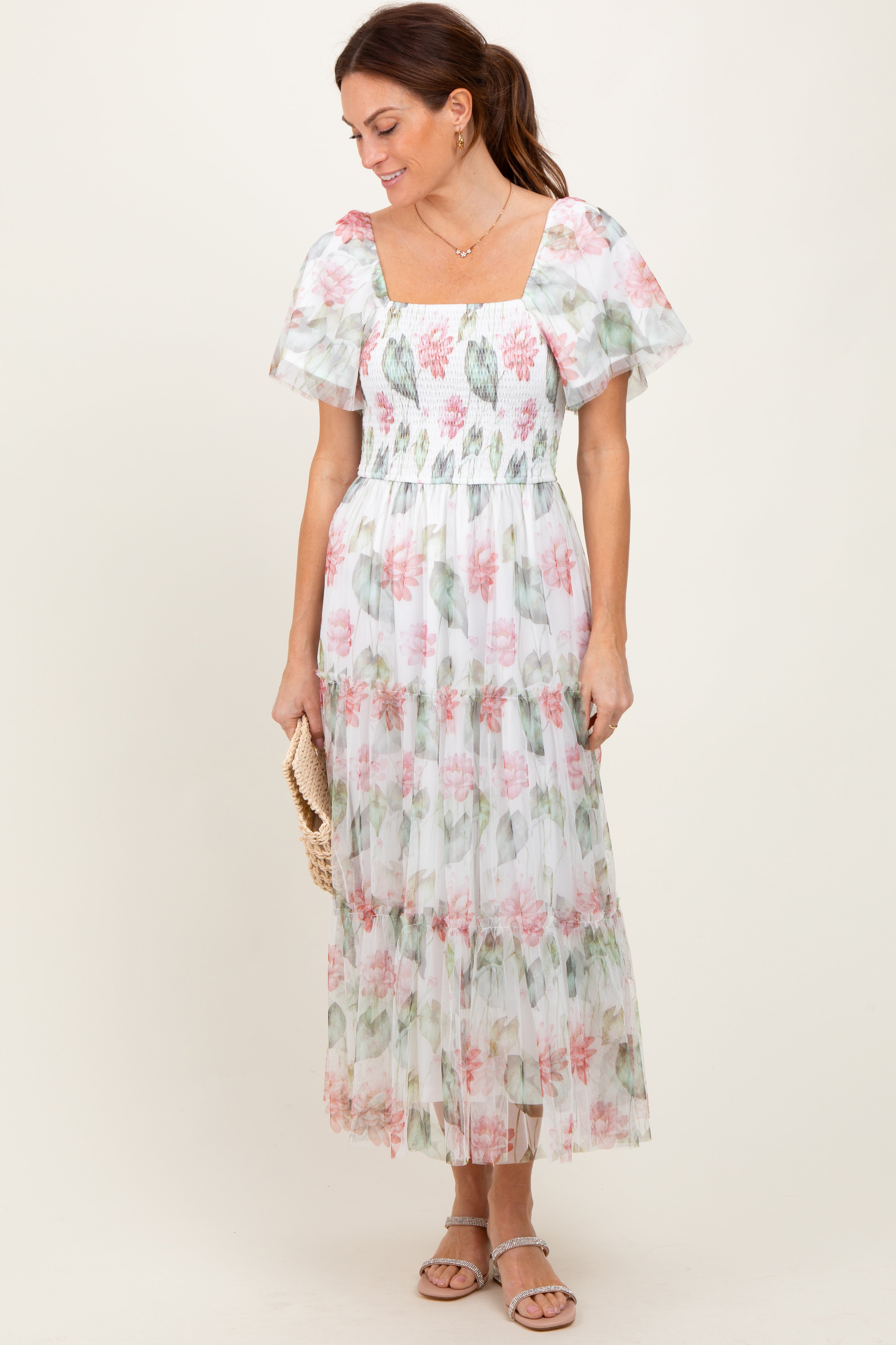PinkBlush Ivory Floral Mesh Smocked Midi Dress - Alternate Angle
