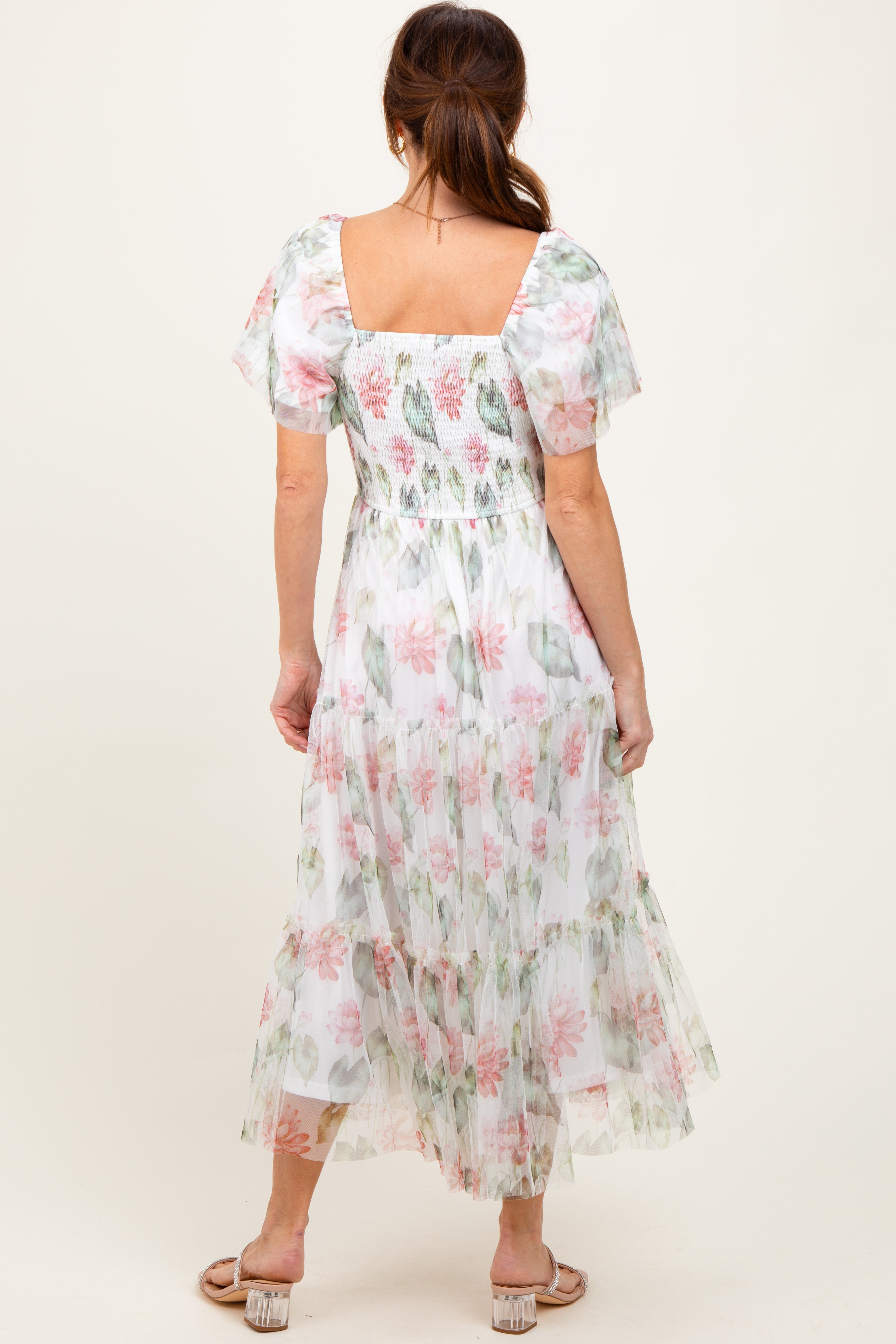 PinkBlush Ivory Floral Mesh Smocked Midi Dress - Close Up