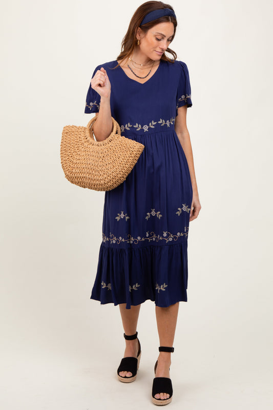 Navy Floral Lace Midi Dress PinkBlush