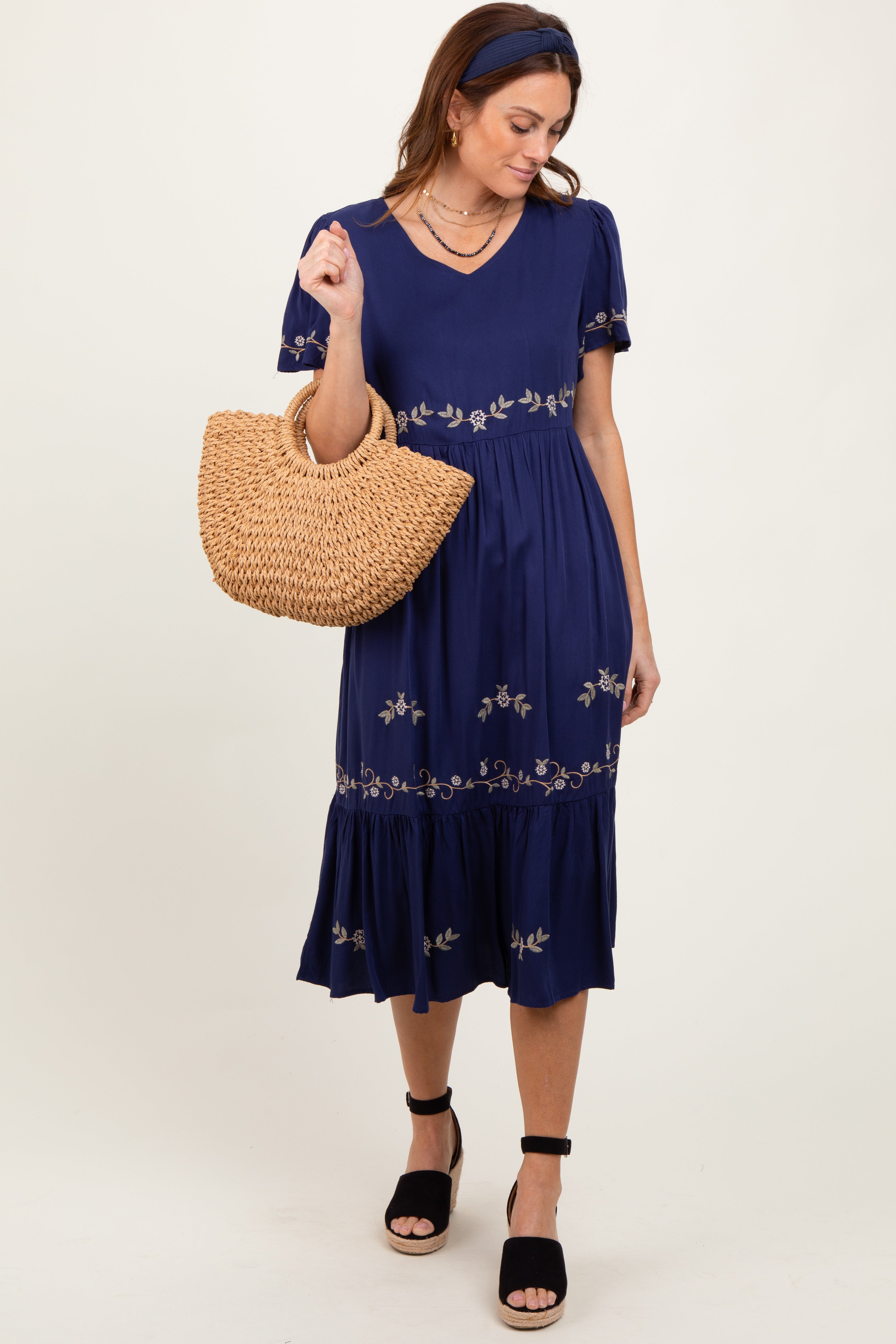 Navy Floral Lace Maternity Midi Dress PinkBlush