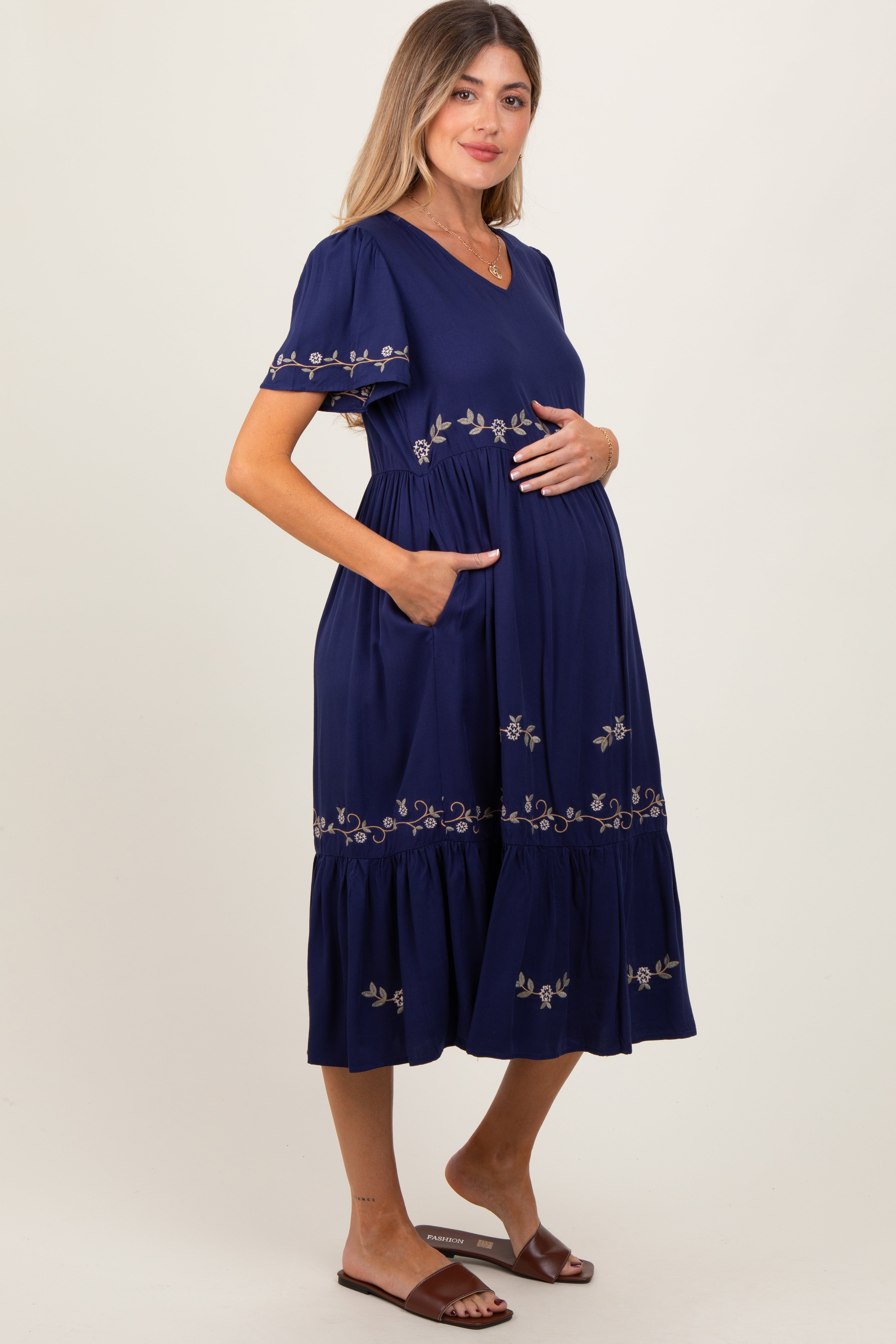 Navy Floral Lace Maternity Midi Dress PinkBlush