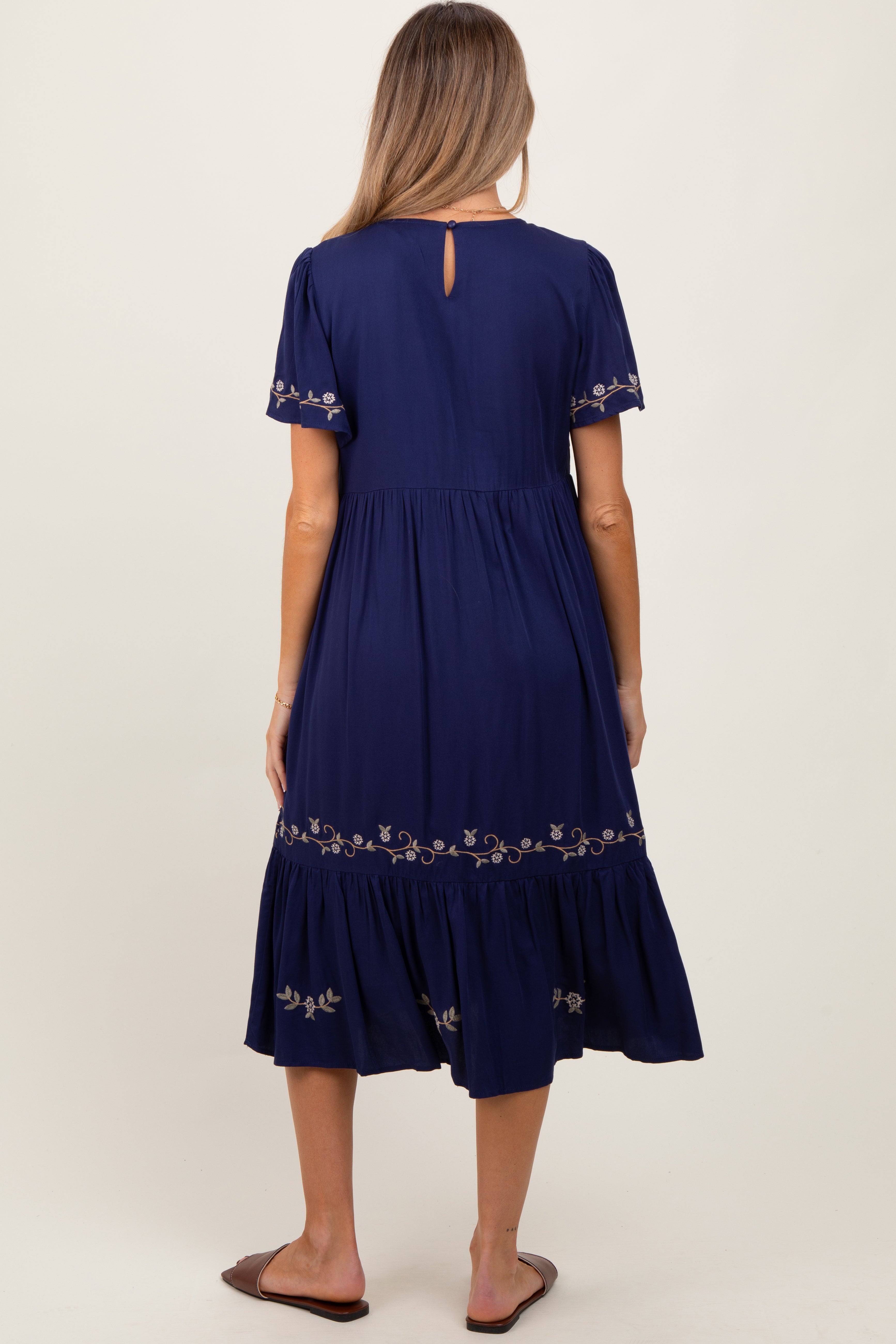 Navy Floral Lace Maternity Midi Dress PinkBlush