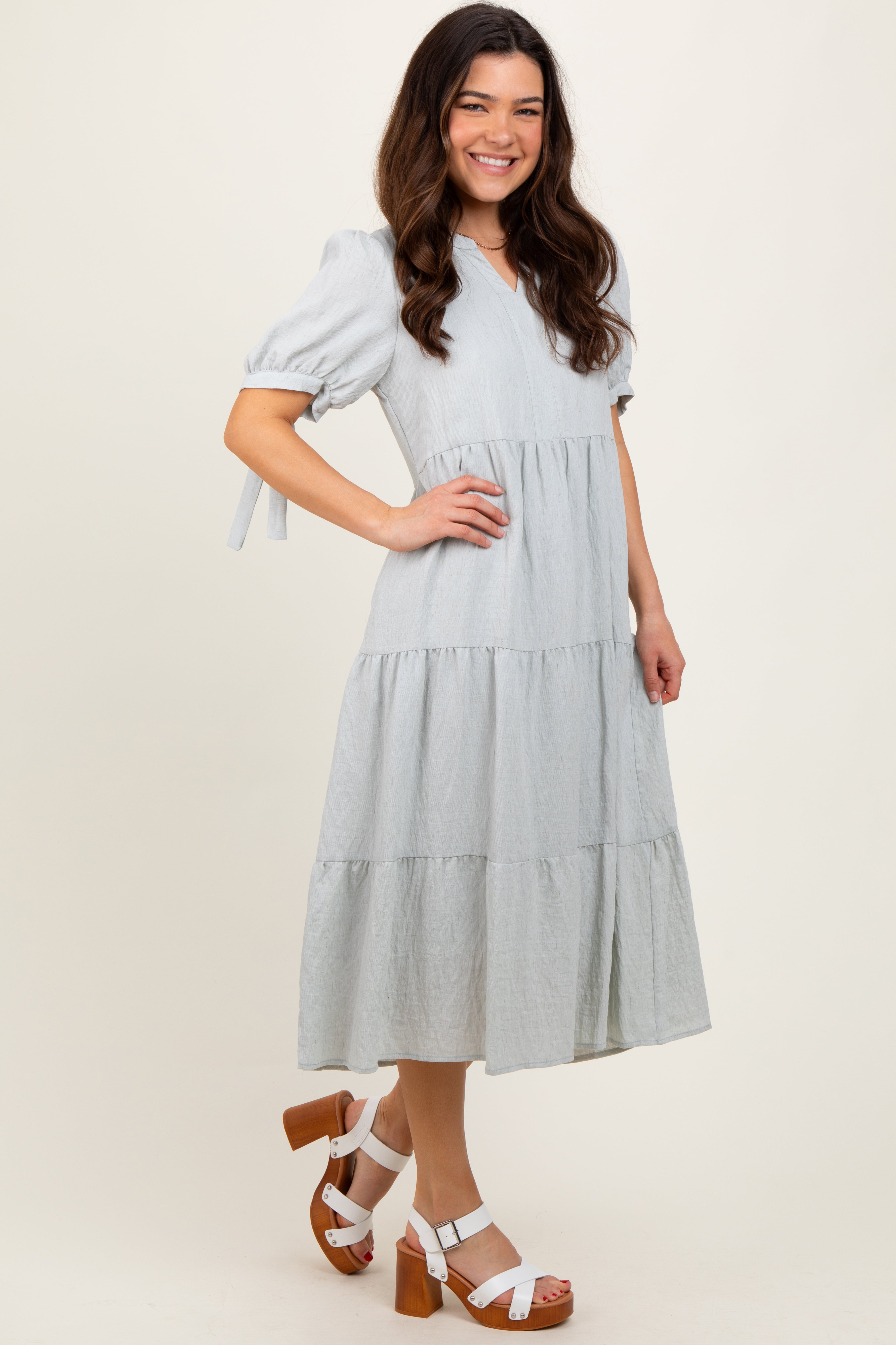 Light Blue Split V-Neck Sleeve Tie Tiered Midi Dress PinkBlush