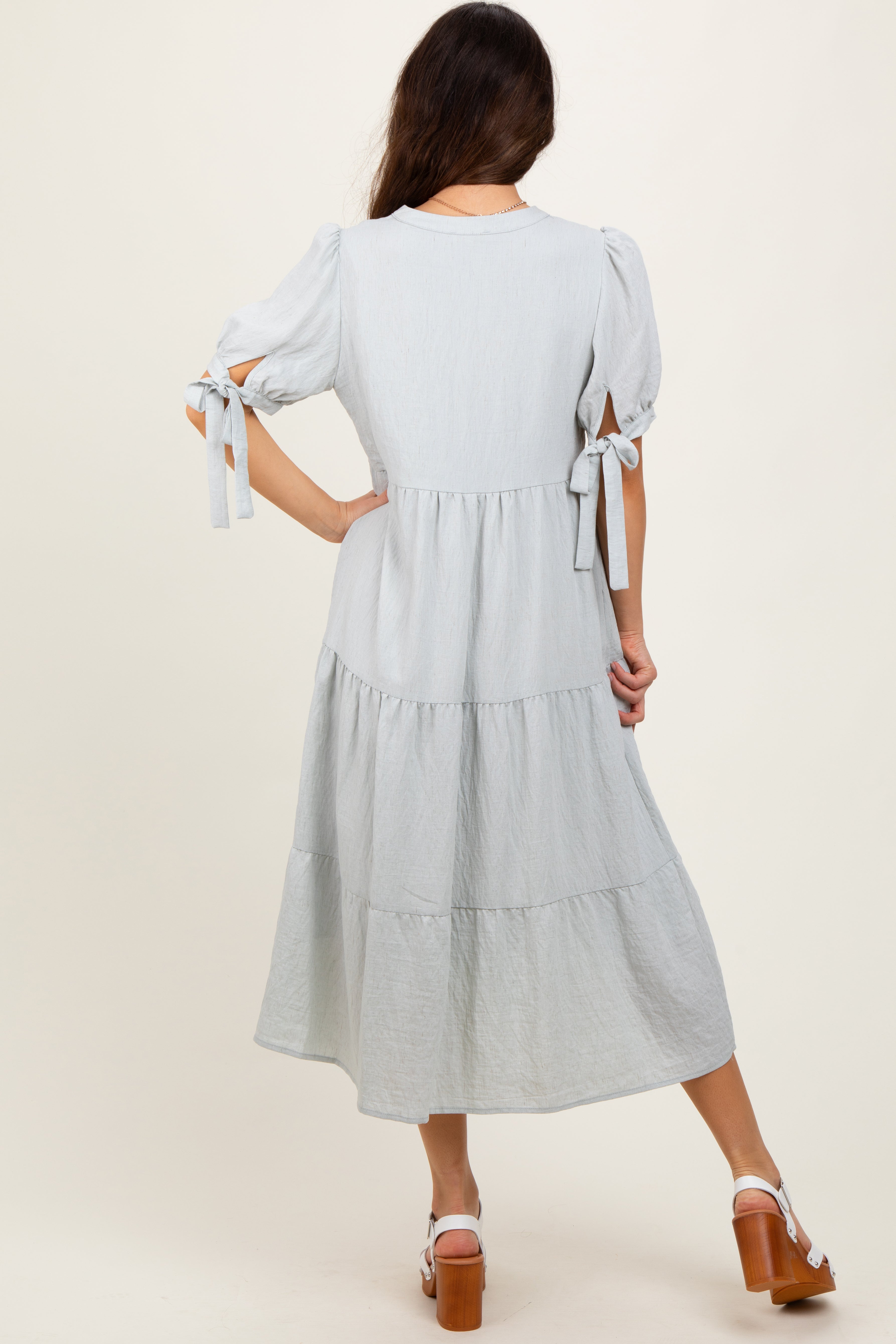 Light Blue Split V-Neck Sleeve Tie Tiered Midi Dress PinkBlush