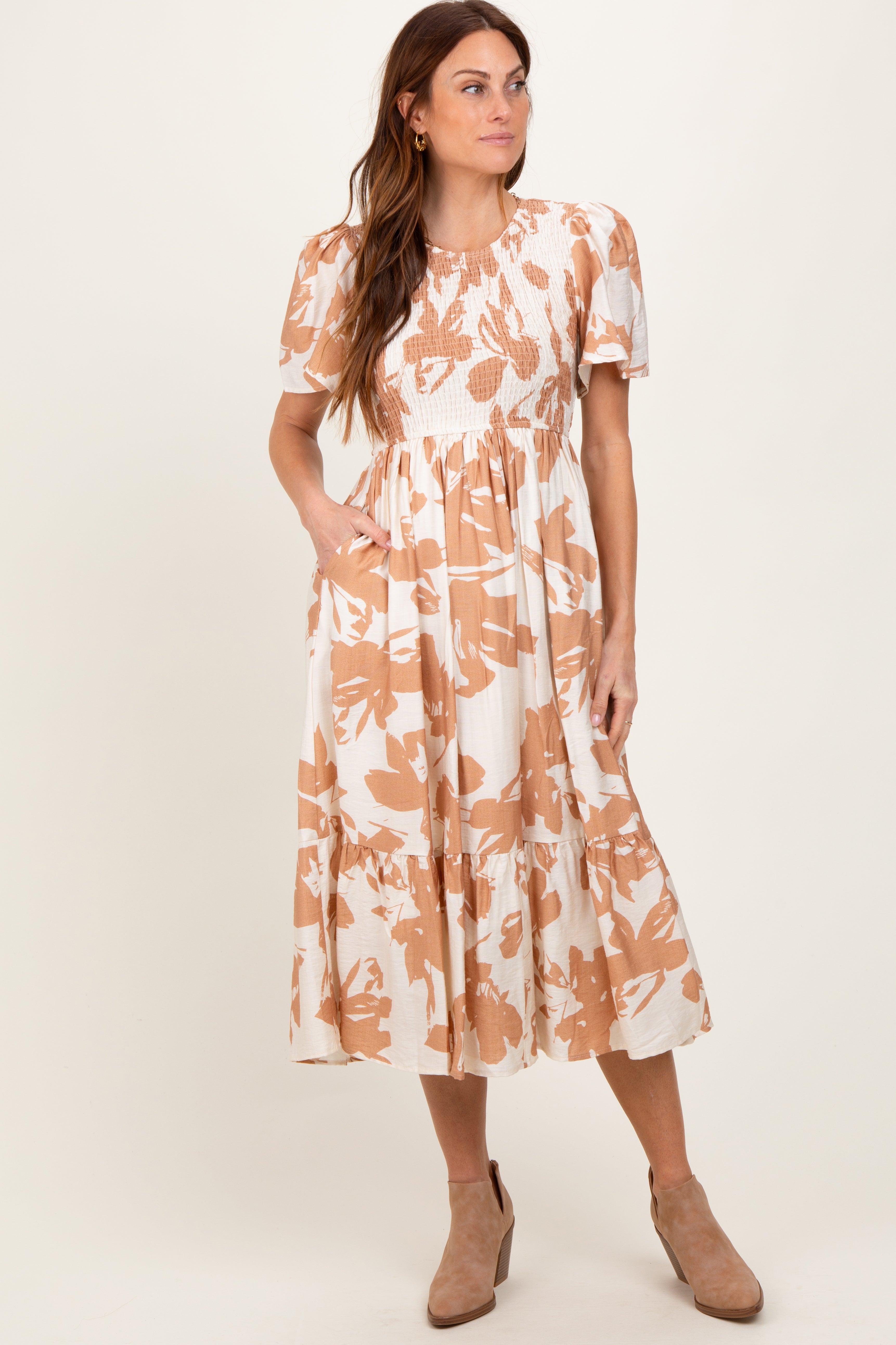 Cream Floral Smocked Short Sleeve Maternity Midi Dress PinkBlush