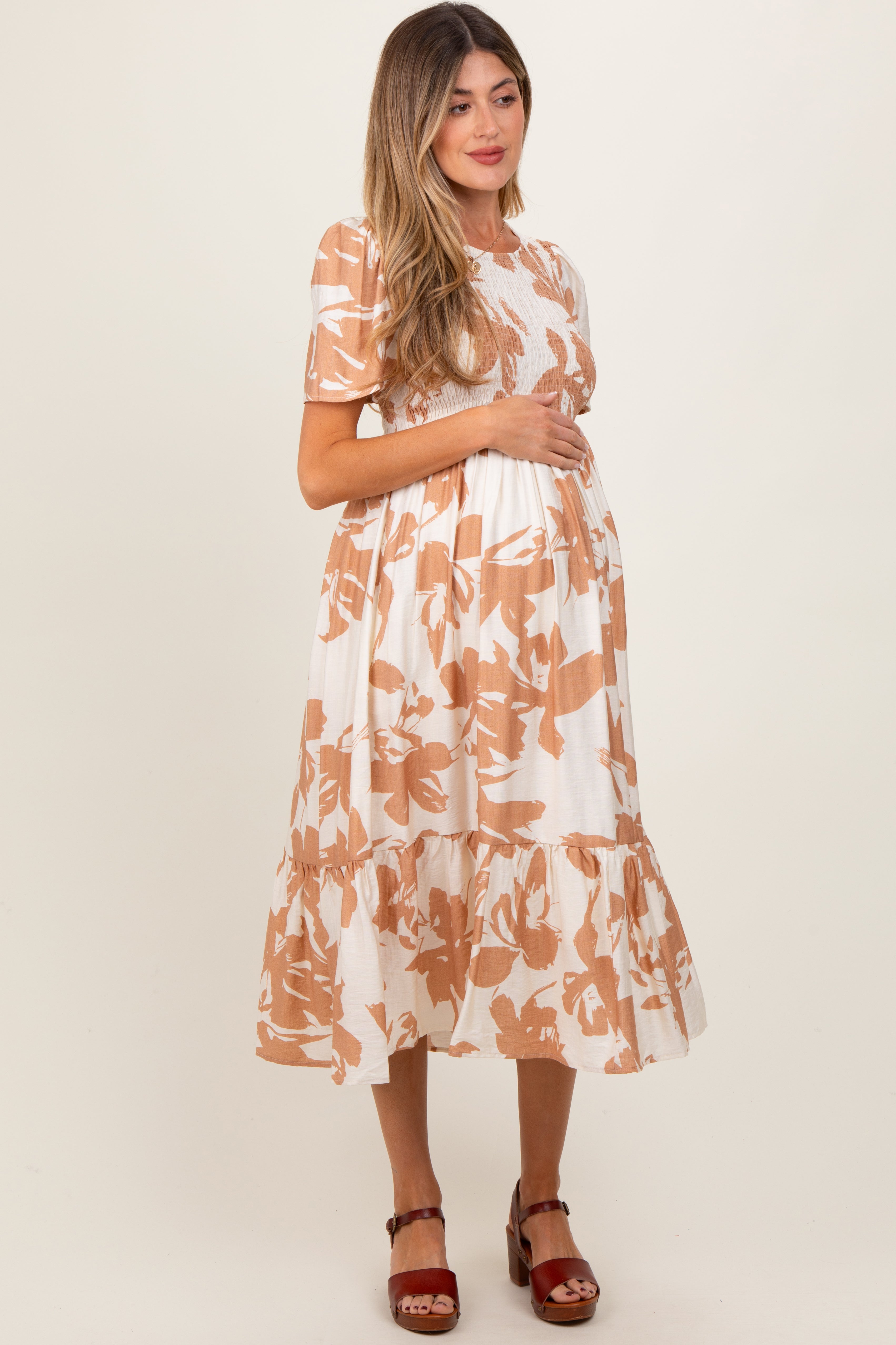 Cream Floral Smocked Short Sleeve Maternity Midi Dress PinkBlush