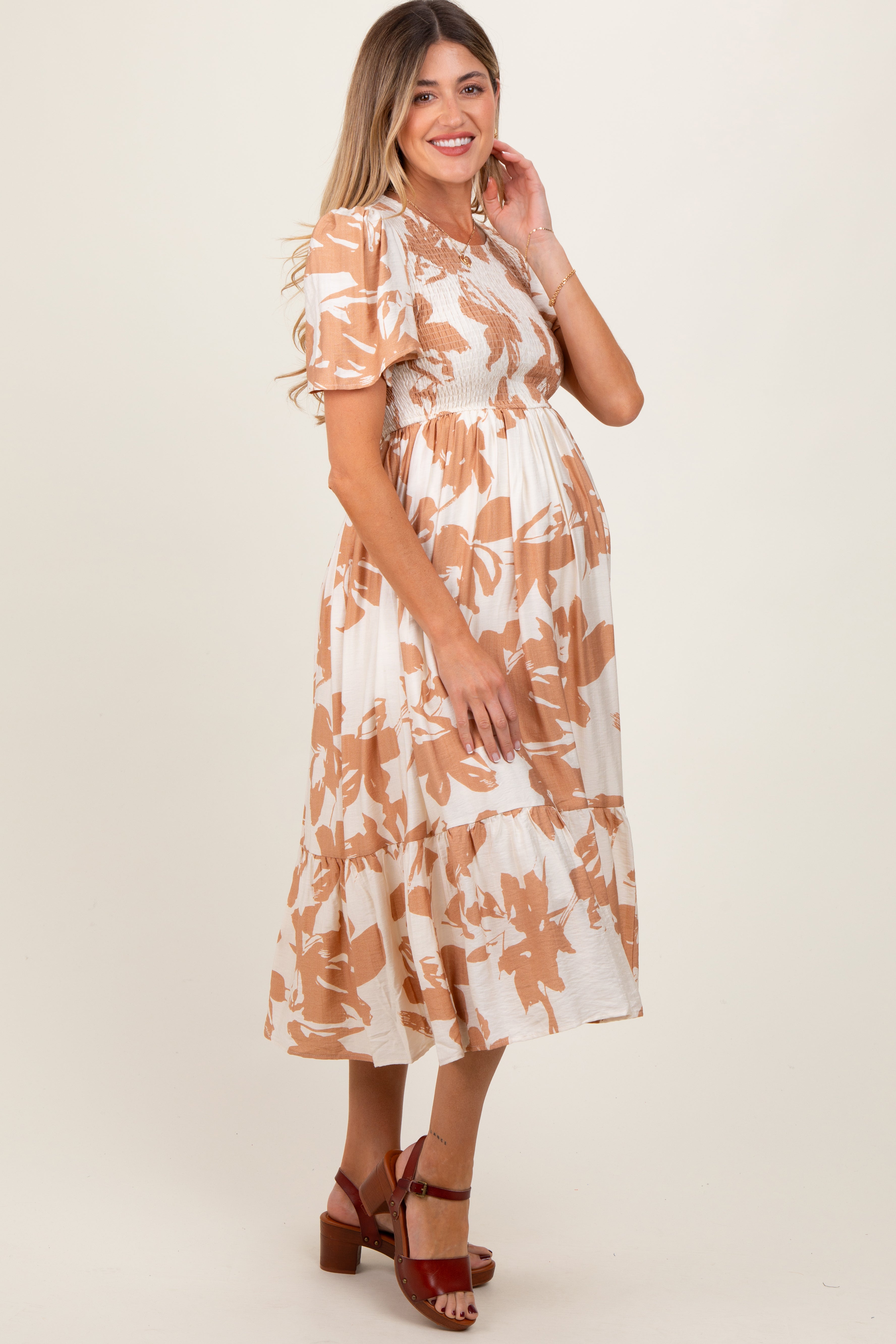 Cream Floral Smocked Short Sleeve Maternity Midi Dress PinkBlush