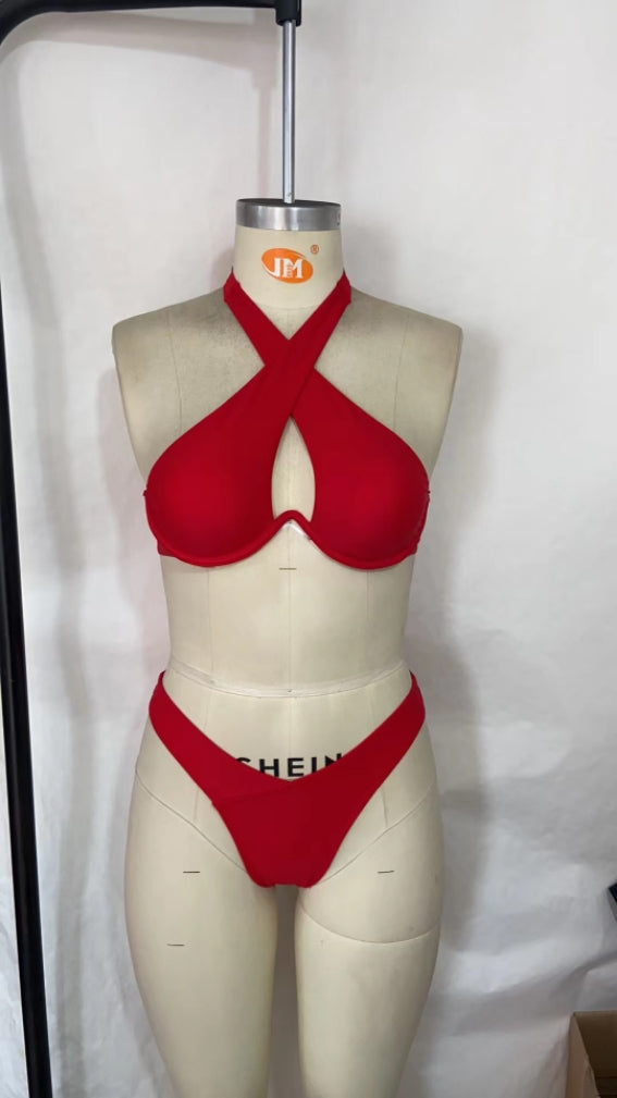 Solid Color Split Swimsuit Foreign Single Women Swimsuit Cross Gathering Steel Bracket Sexy Split Swimsuit Bella Mia