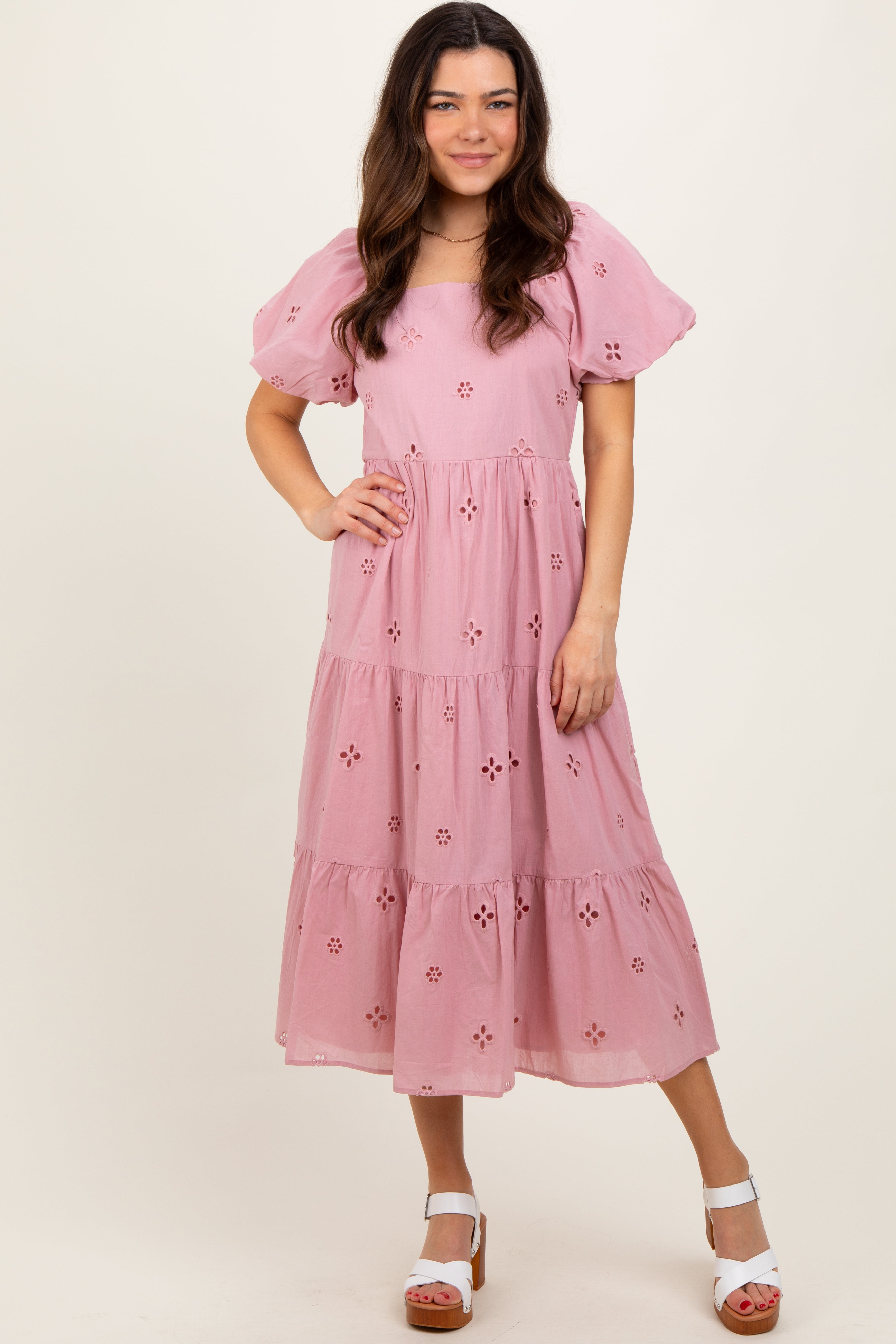 PinkBlush Pink Eyelet Square Neck Midi Dress - Main Product Image