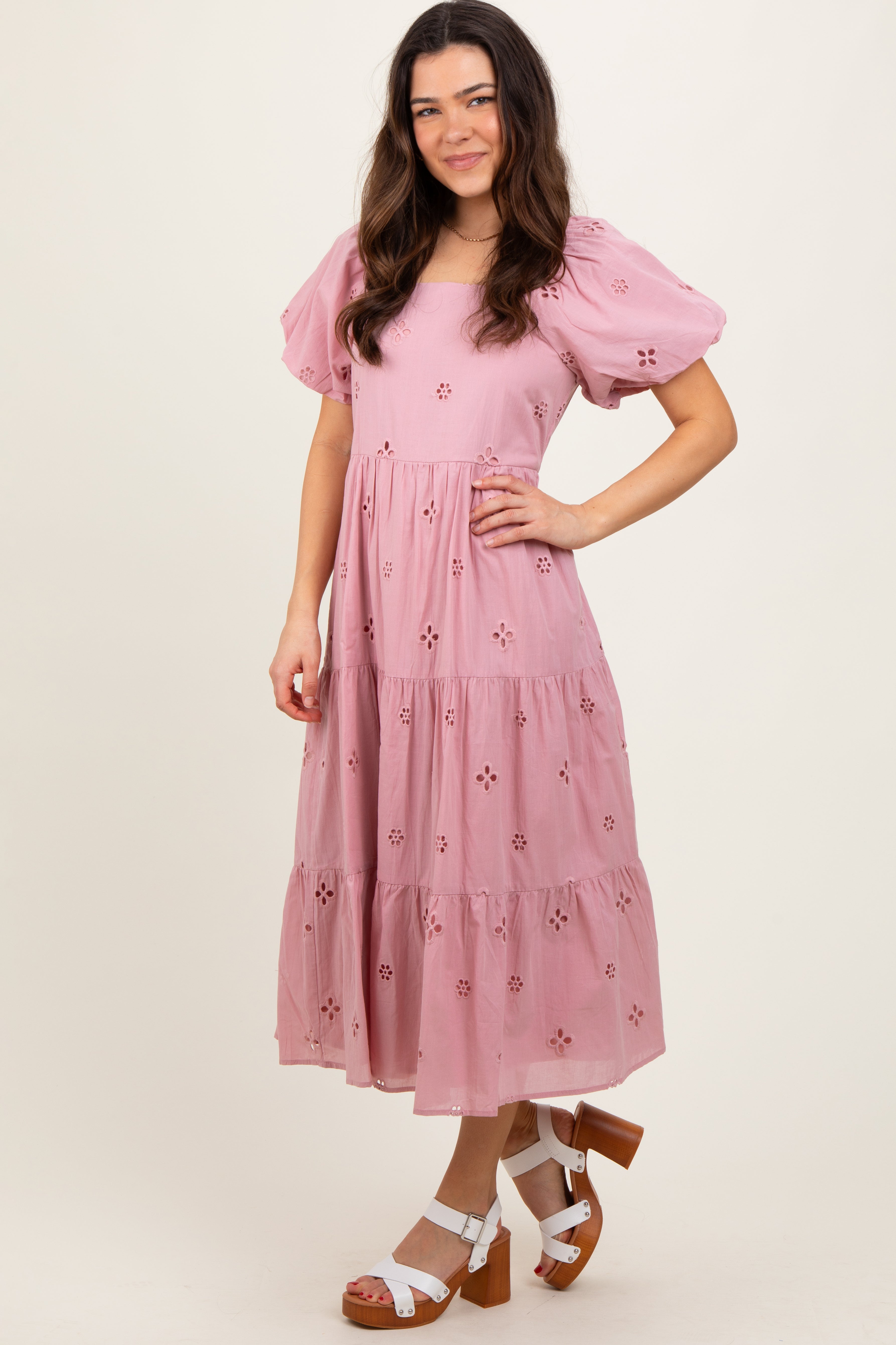 PinkBlush Pink Eyelet Square Neck Midi Dress - Detail View