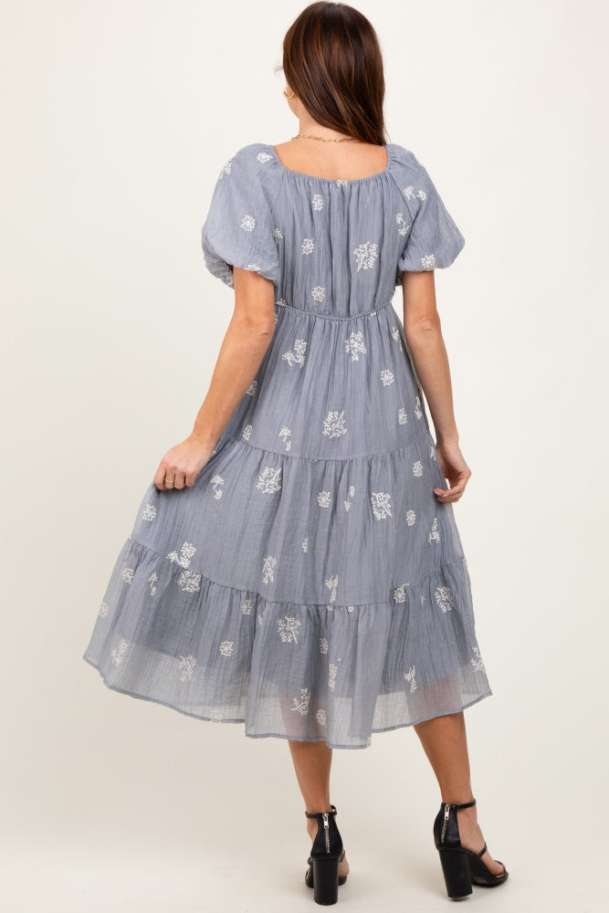 Light Blue Floral Embroidered Tiered Midi Dress PinkBlush