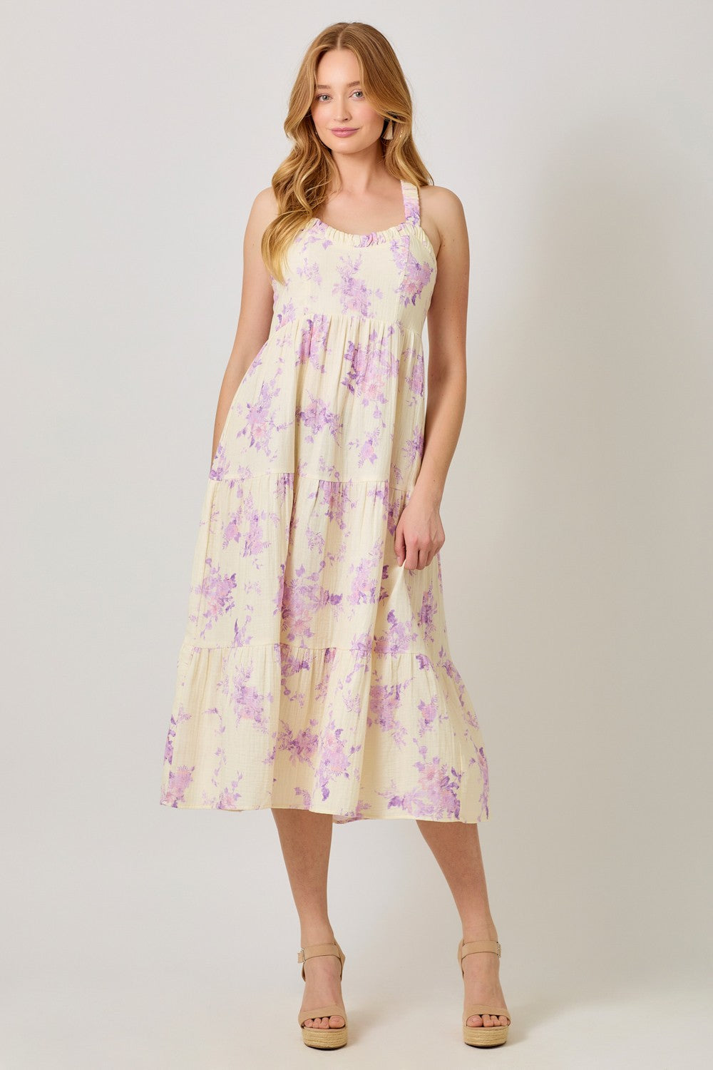 Cream Floral Tiered Crisscross Back Midi Dress PinkBlush