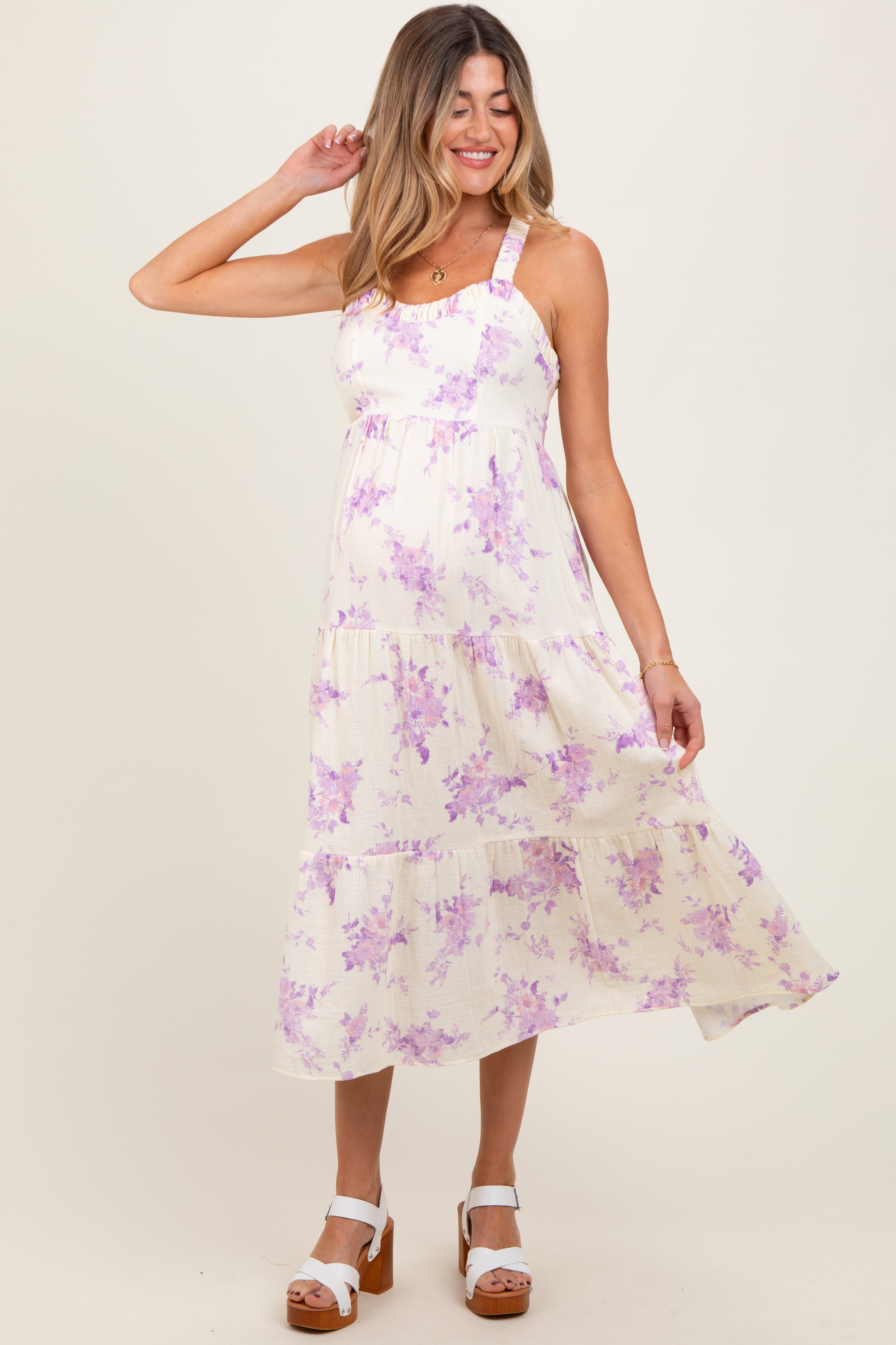 Cream Floral Tiered Crisscross Back Maternity Midi Dress PinkBlush