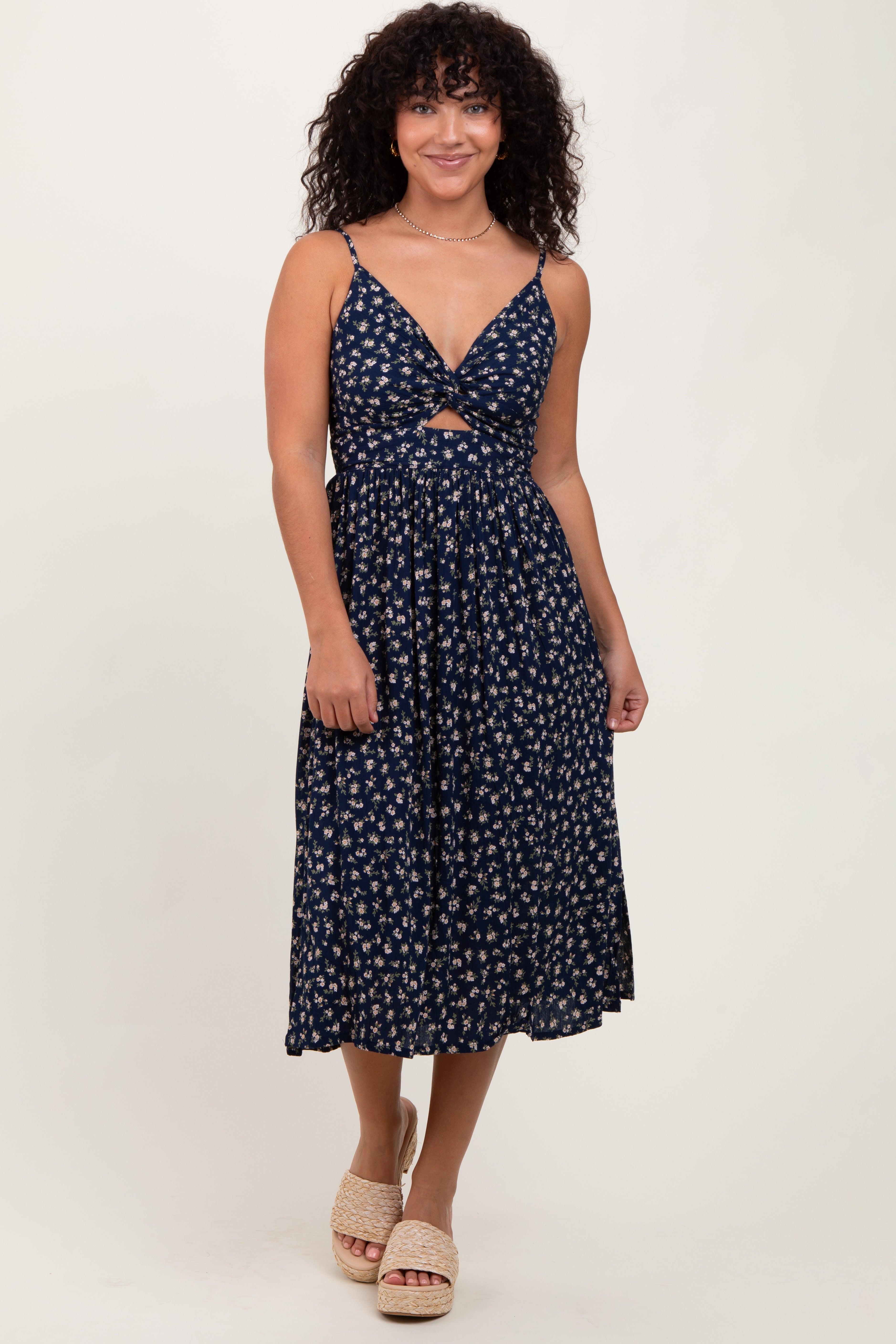 Navy Floral Twist Front Cut Out Maternity Midi Dress PinkBlush