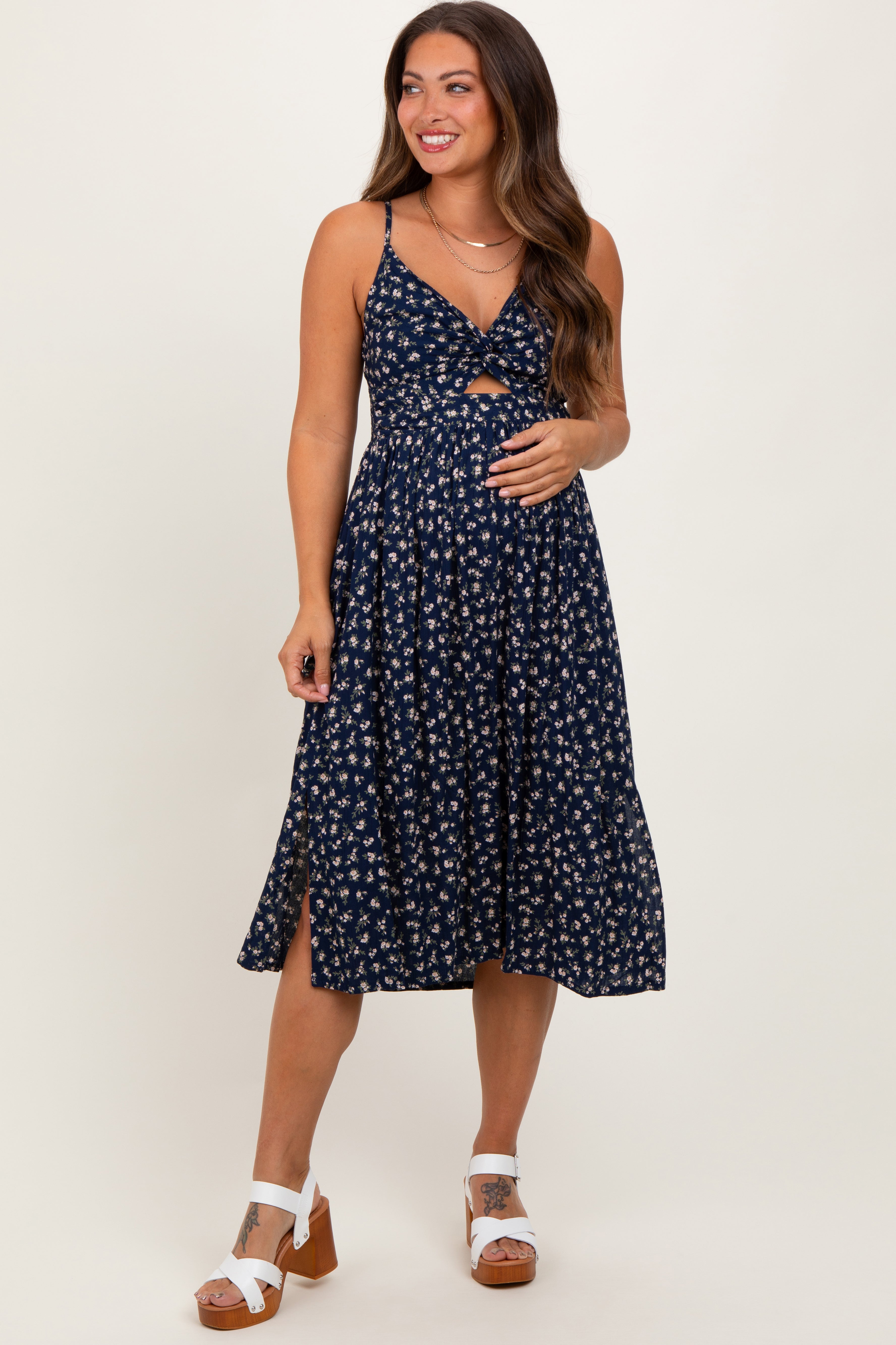 Navy Floral Twist Front Cut Out Maternity Midi Dress PinkBlush