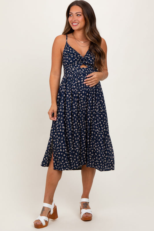 Navy Floral Twist Front Cut Out Maternity Midi Dress PinkBlush