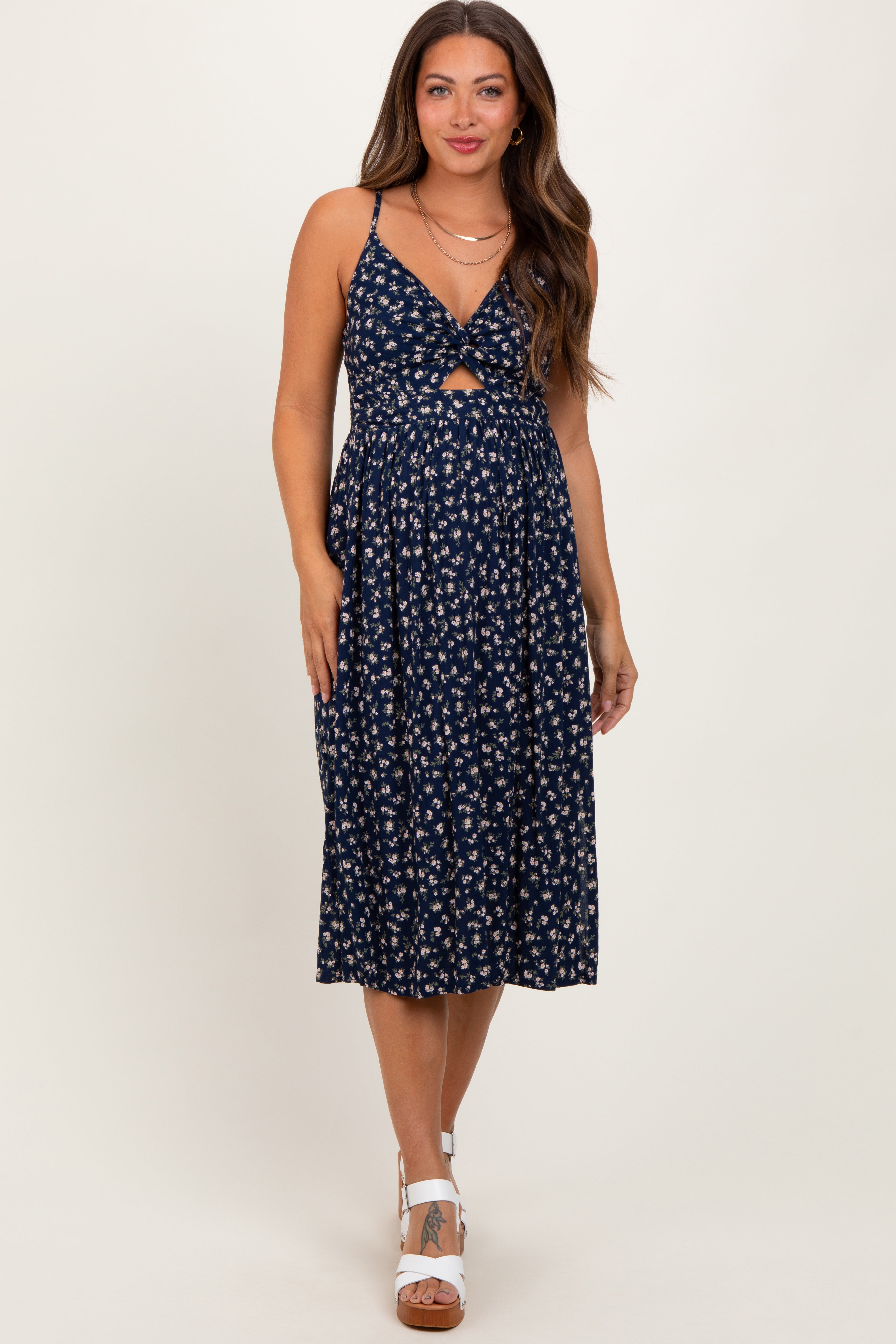 Navy Floral Twist Front Cut Out Maternity Midi Dress PinkBlush