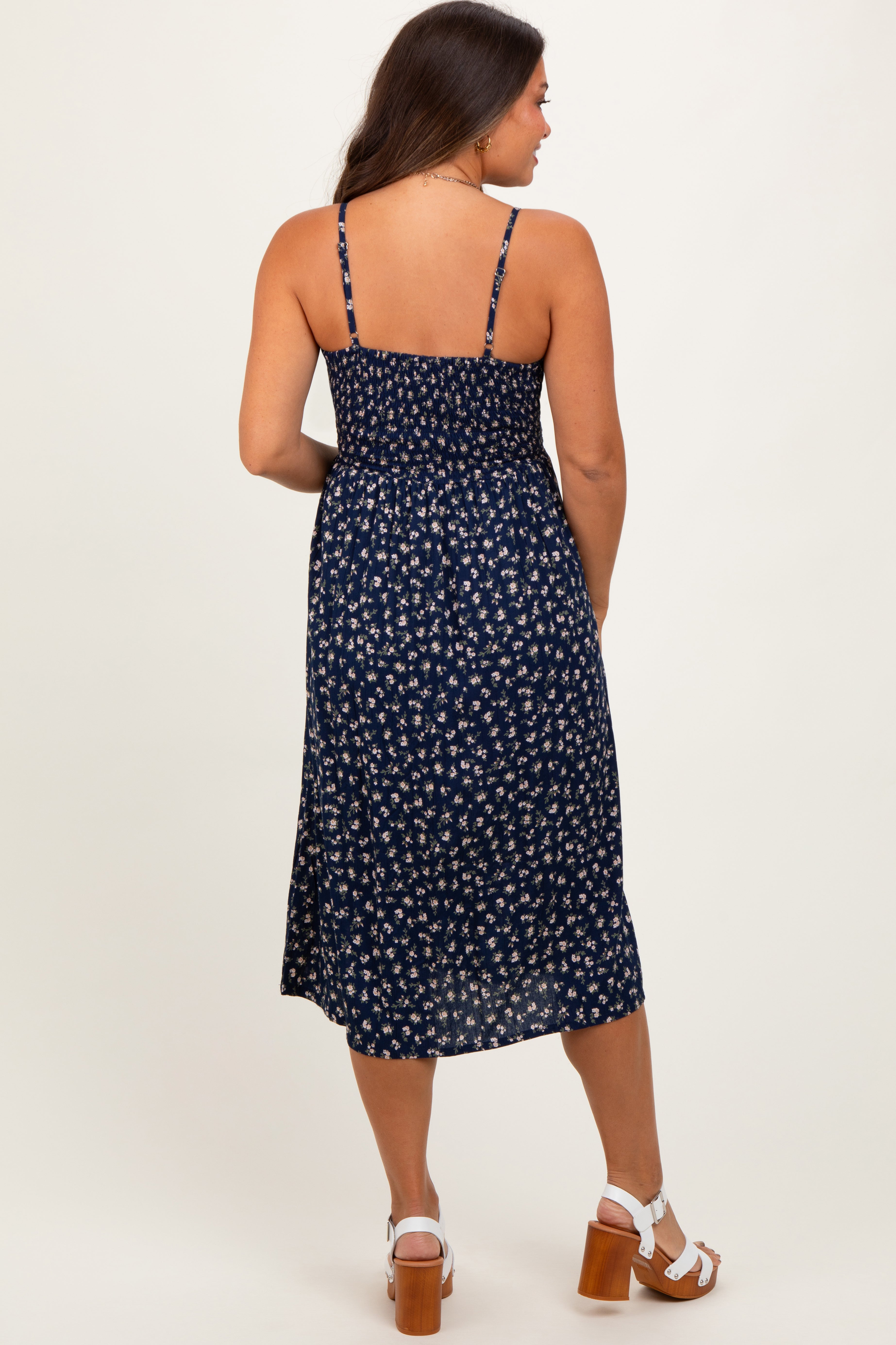 Navy Floral Twist Front Cut Out Maternity Midi Dress PinkBlush