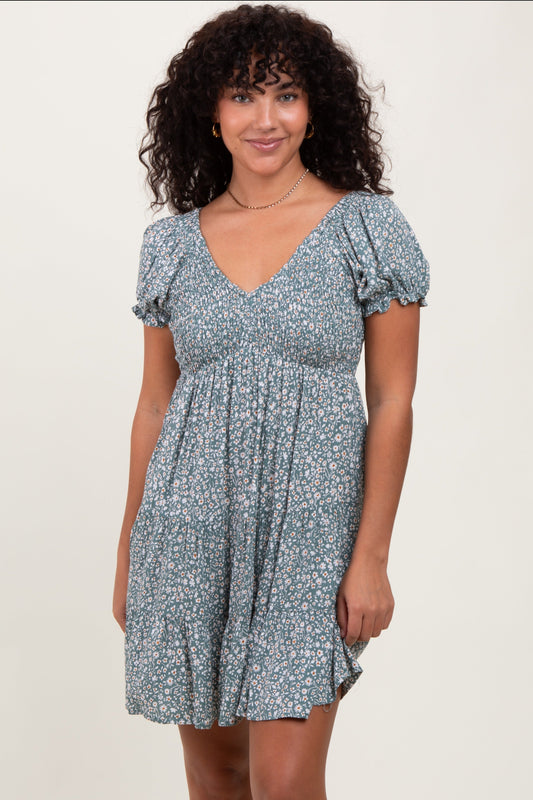 Light Olive Floral Smocked V-Neck Flutter Sleeve Dress PinkBlush