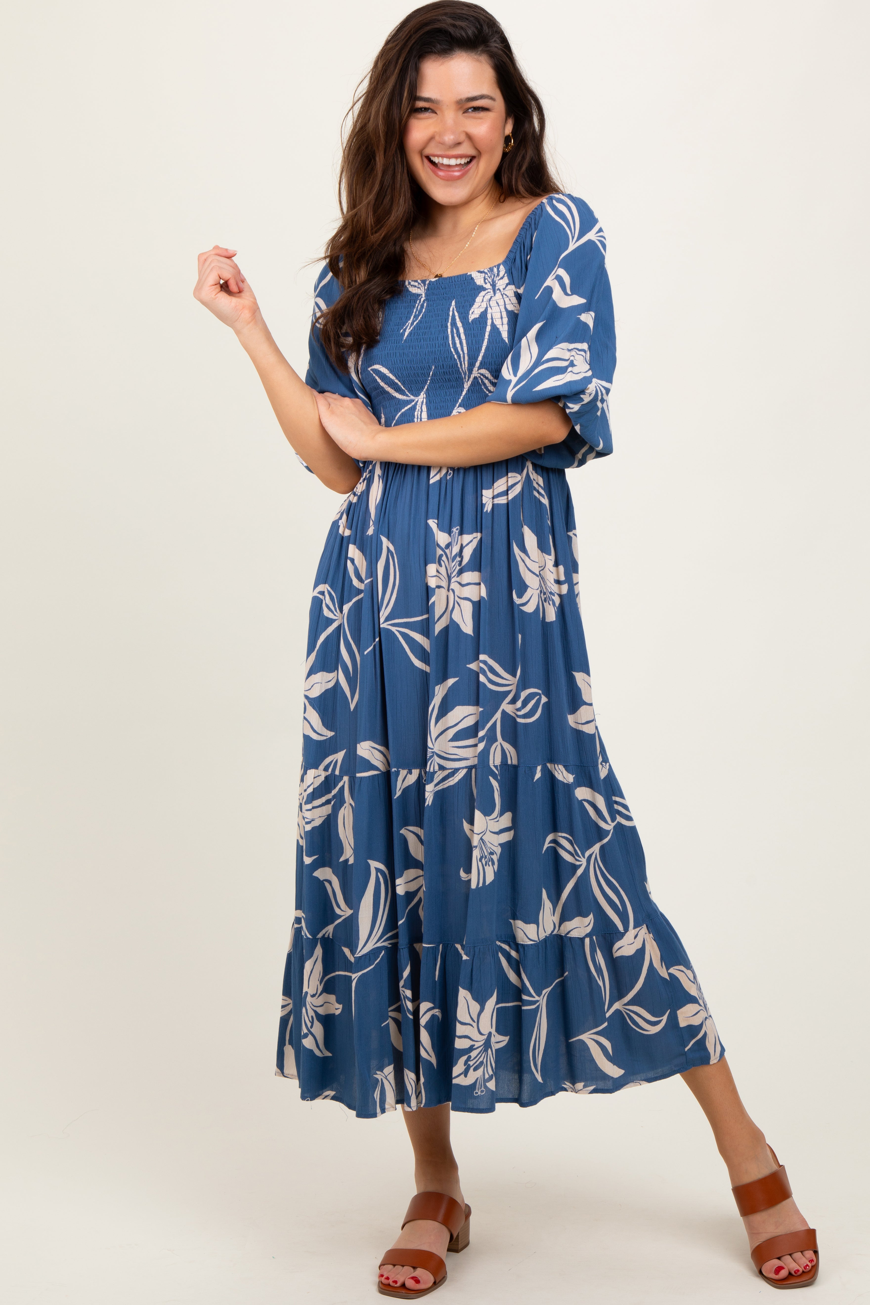 Blue Smocked Puff Sleeve Midi Dress PinkBlush