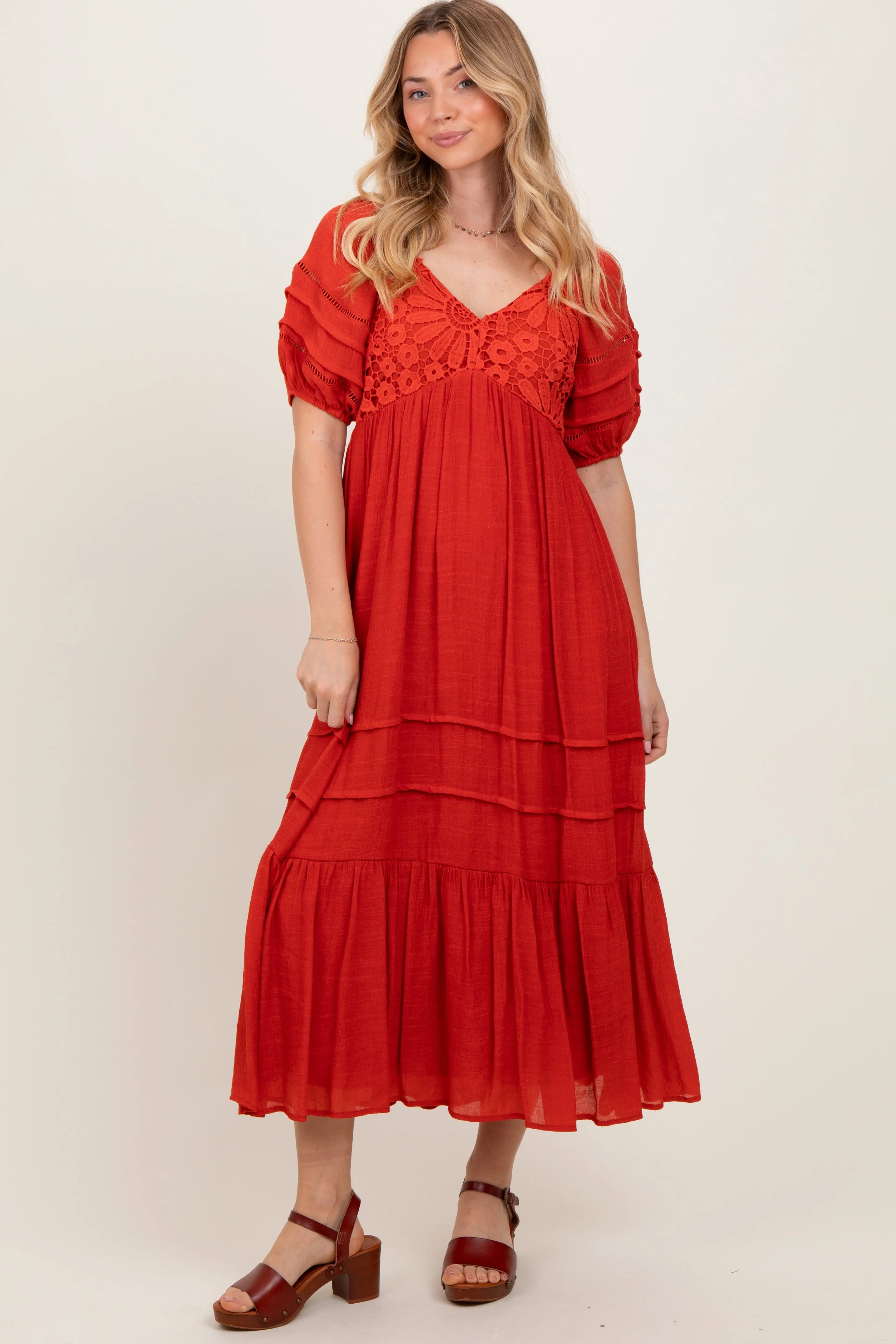 Rust Crochet Detail Bodice Maternity Midi Dress PinkBlush