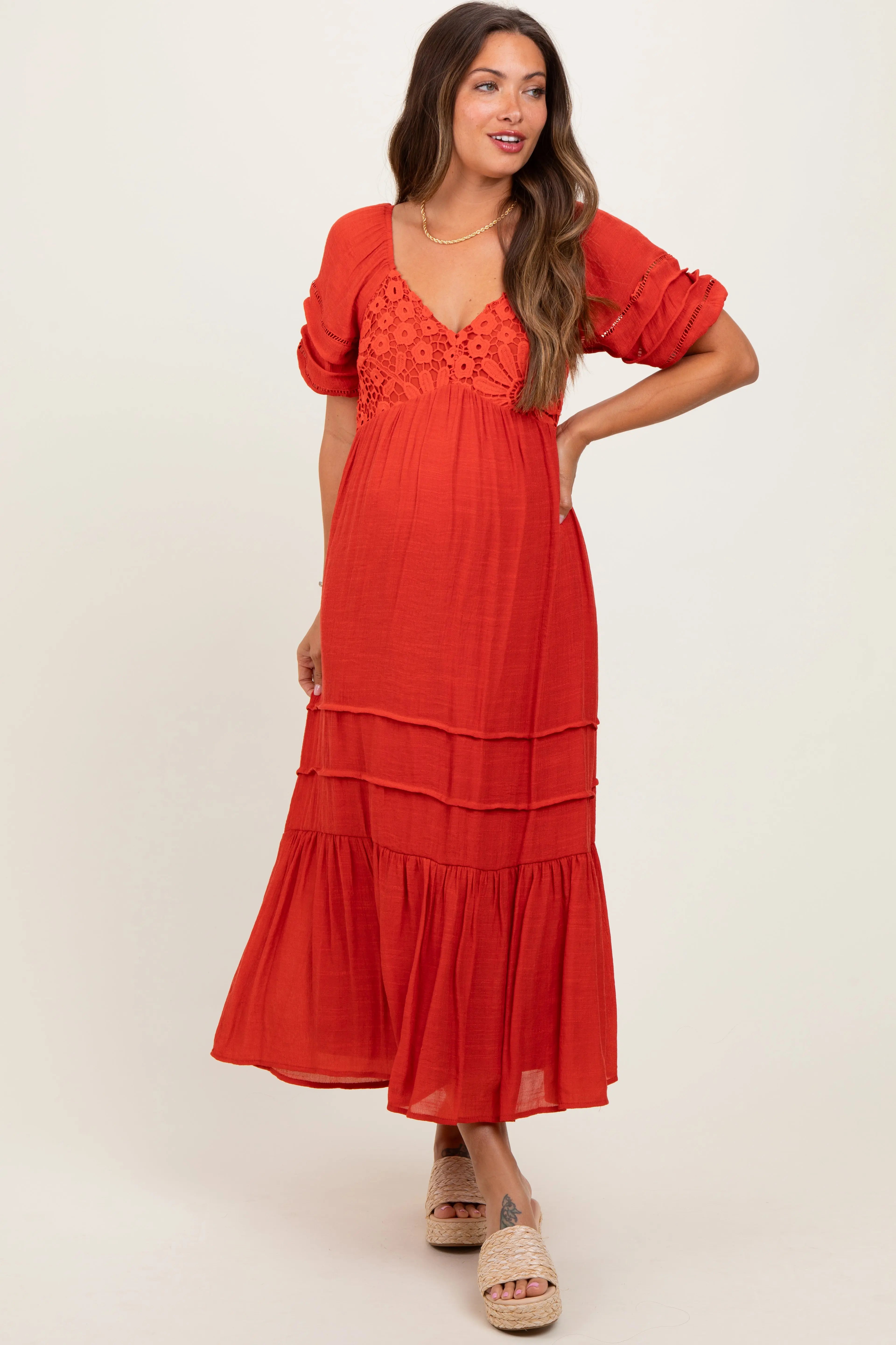 Rust Crochet Detail Bodice Maternity Midi Dress PinkBlush