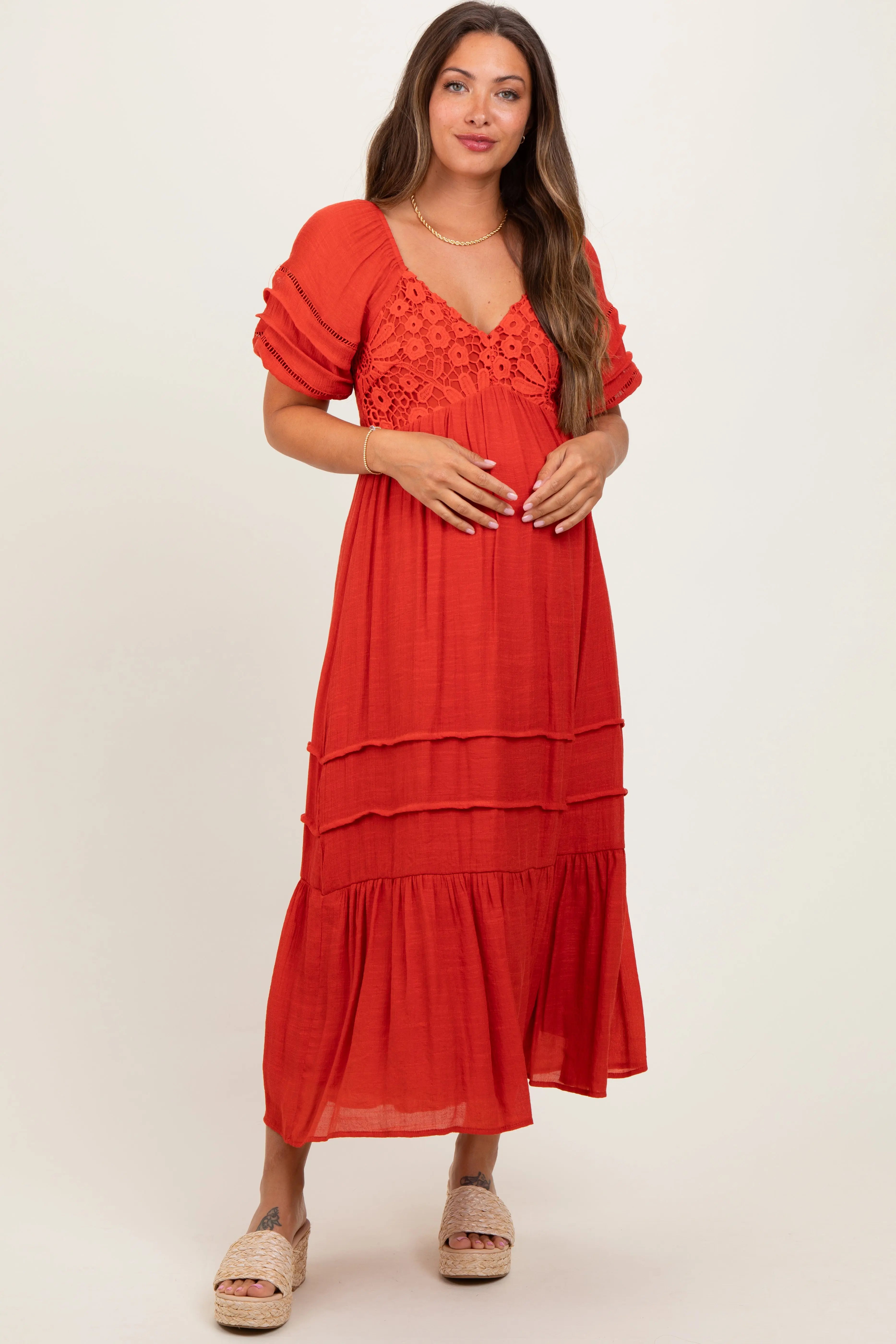 Rust Crochet Detail Bodice Maternity Midi Dress PinkBlush
