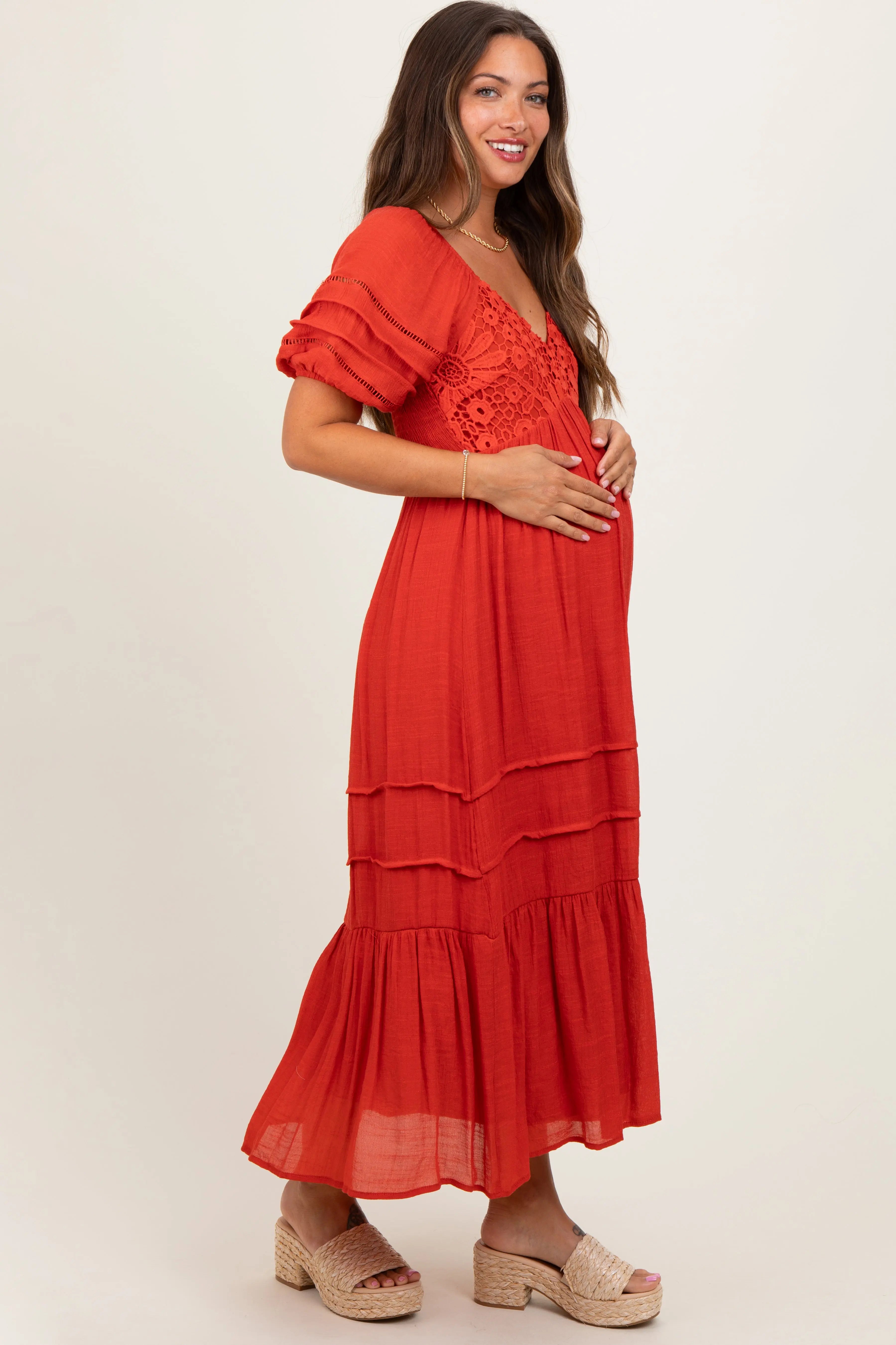 Rust Crochet Detail Bodice Maternity Midi Dress PinkBlush