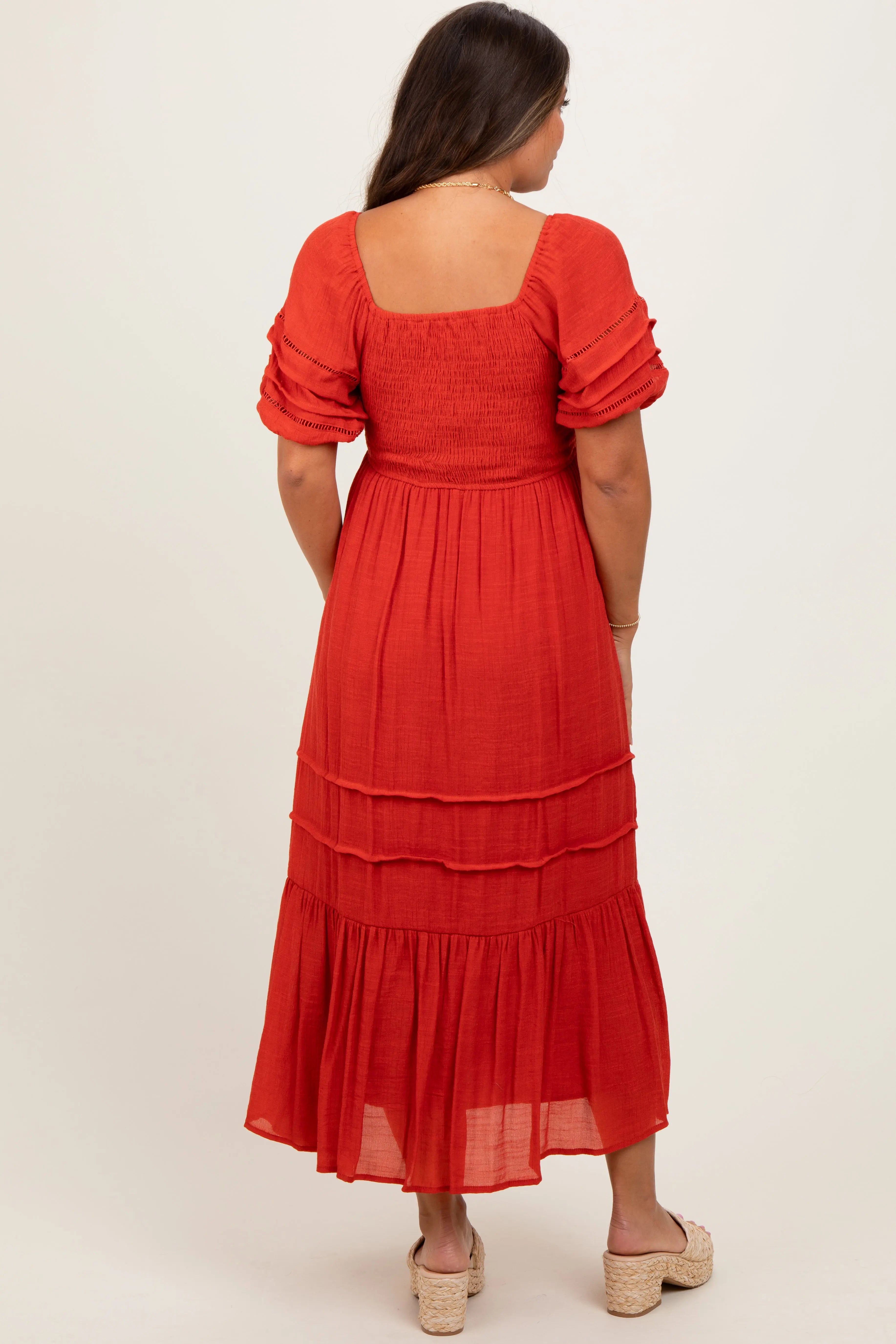 Rust Crochet Detail Bodice Maternity Midi Dress PinkBlush