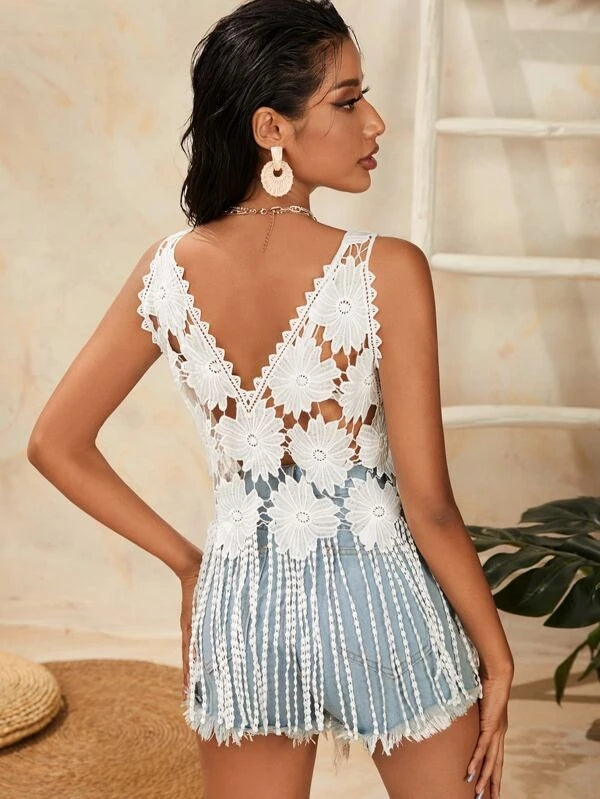 Women Summer Vacation Tassel Mesh Hollow Strap Top Crochet hook Bella Mia