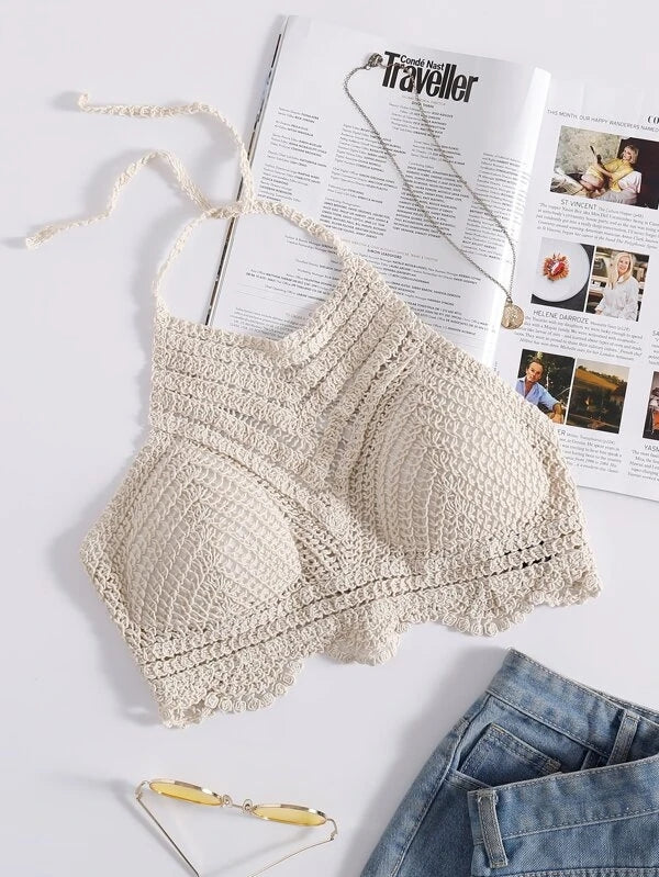 Women Summer Vacation Crochet Cut Out V Shaped Symmetrical Pattern Strap Shackle Top Crochet hook Bella Mia