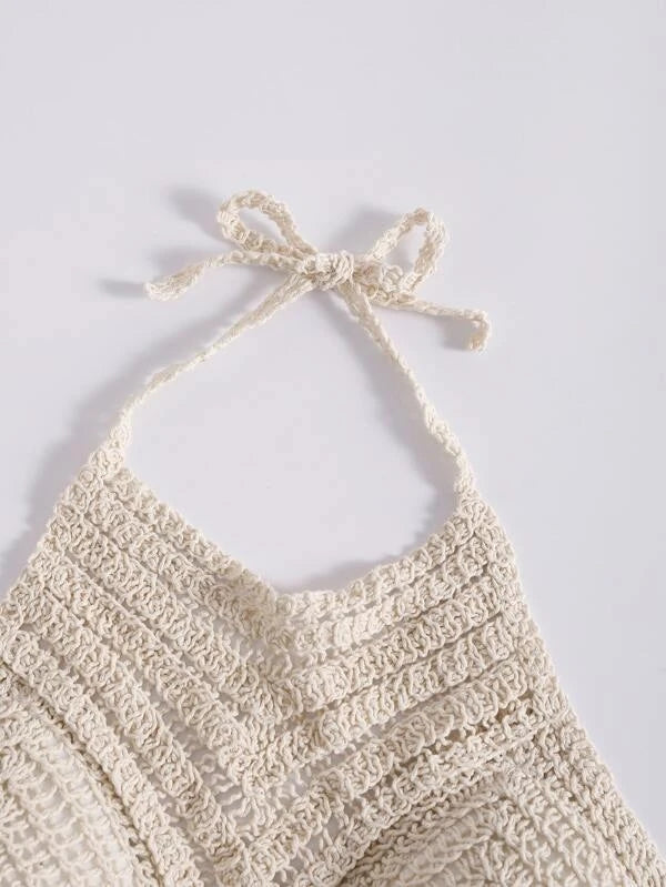 Women Summer Vacation Crochet Cut Out V Shaped Symmetrical Pattern Strap Shackle Top Crochet hook Bella Mia