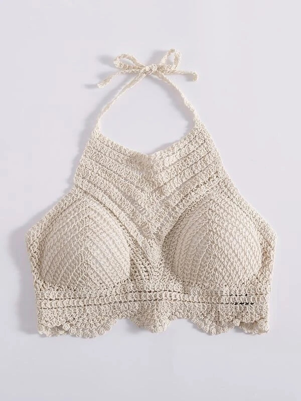 Women Summer Vacation Crochet Cut Out V Shaped Symmetrical Pattern Strap Shackle Top Crochet hook Bella Mia
