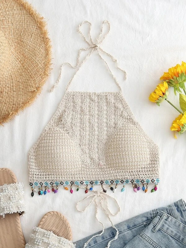 Women Summer Vacation Crochet Hollow Colorful Streamed Bead Sling Neck Strap Top Crochet hook Bella Mia