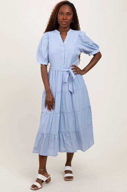 Light Blue Striped Button Up Tiered Maxi Dress PinkBlush