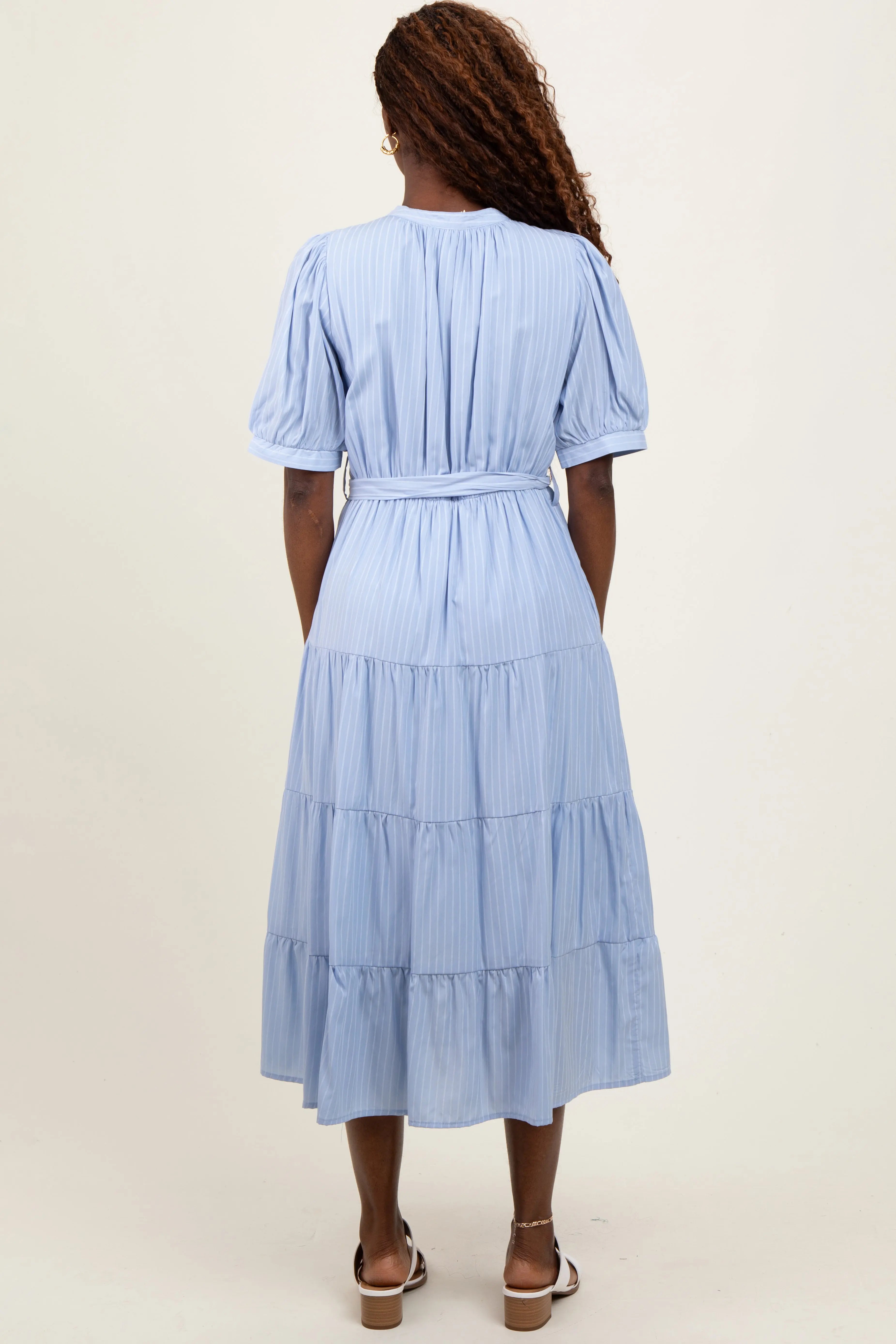 Light Blue Striped Button Up Tiered Maxi Dress PinkBlush