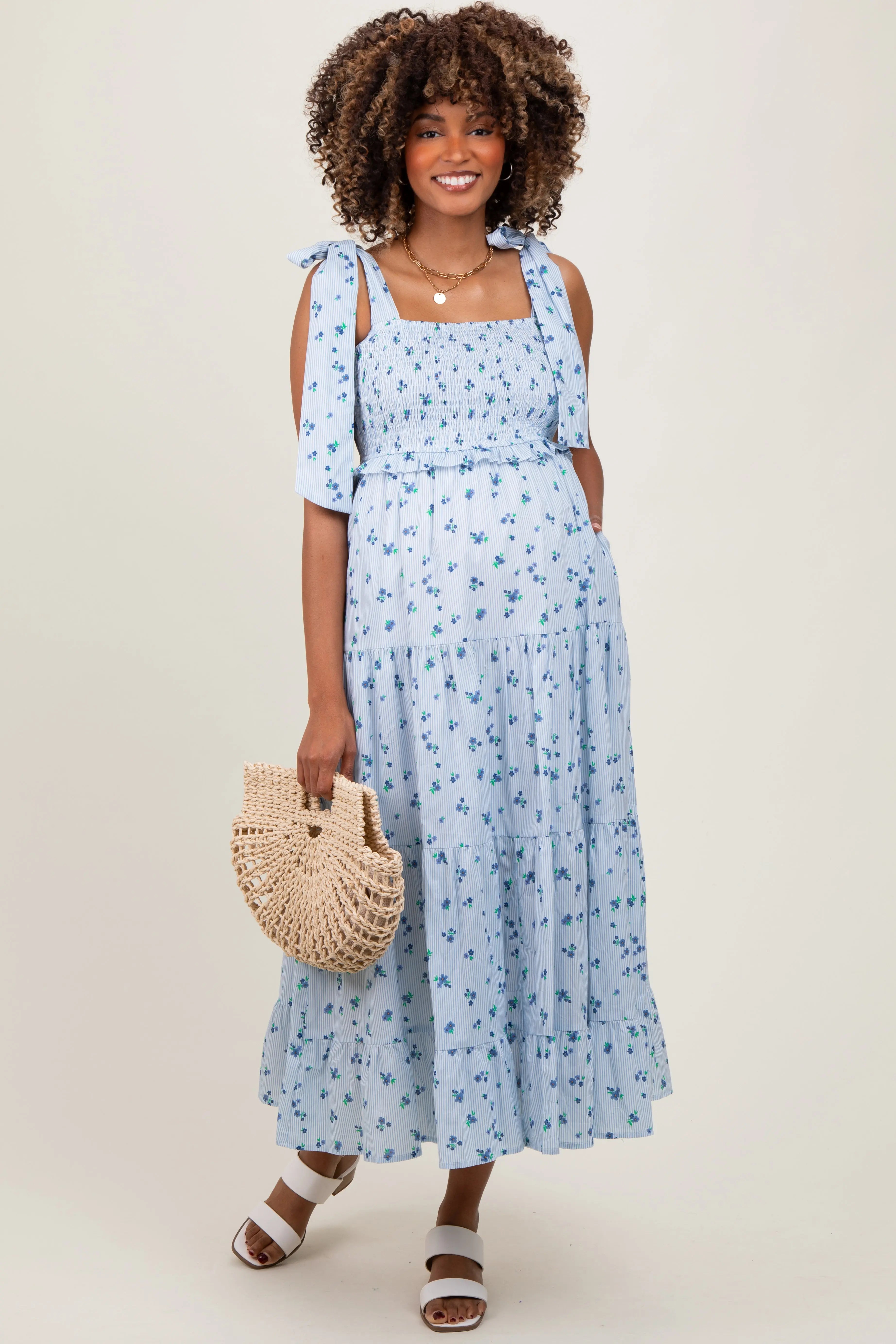 Light Blue Floral Striped Smocked Shoulder Tie Maternity Maxi Dress PinkBlush