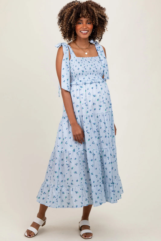 Light Blue Floral Striped Smocked Shoulder Tie Maternity Maxi Dress PinkBlush