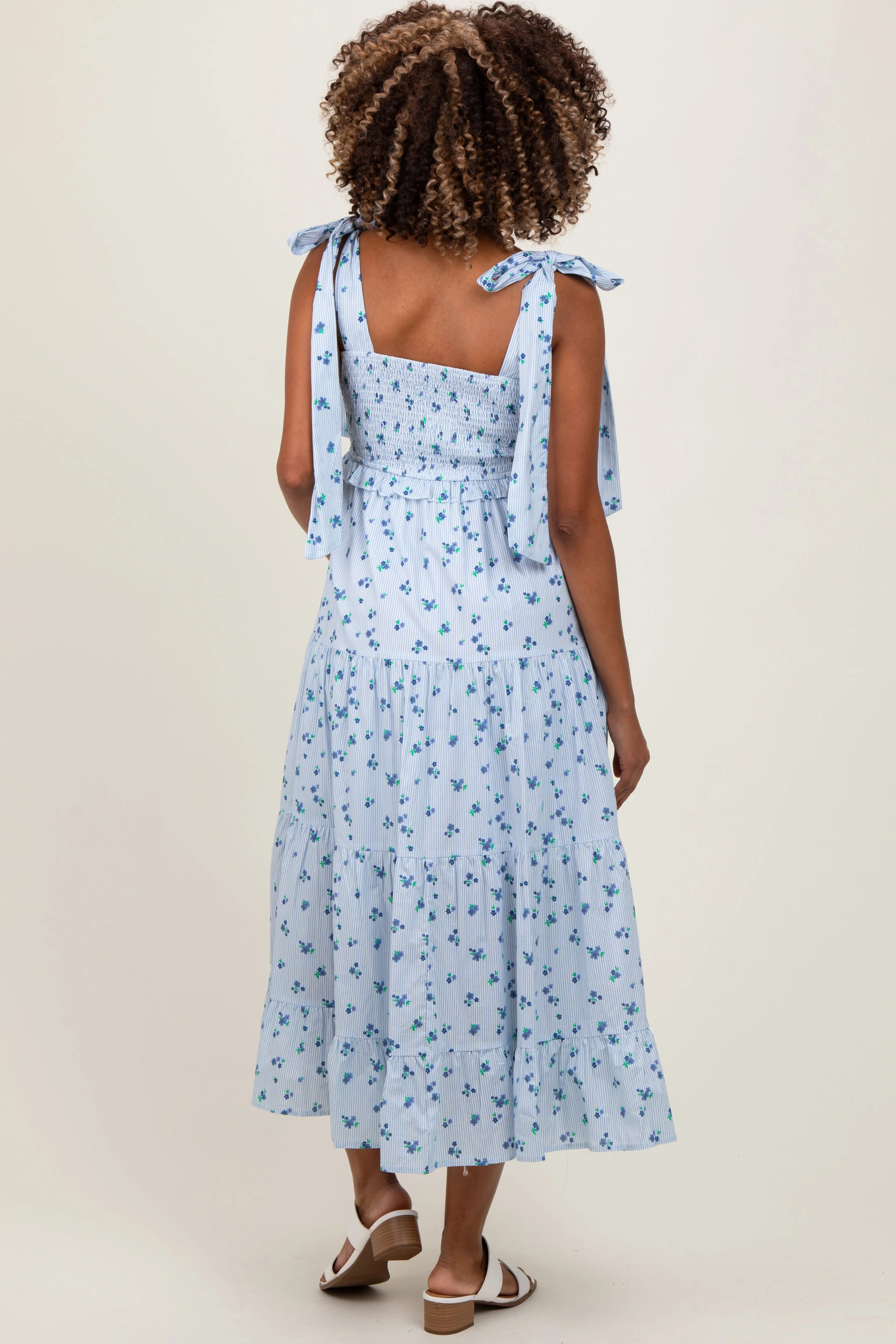 Light Blue Floral Striped Smocked Shoulder Tie Maternity Maxi Dress PinkBlush