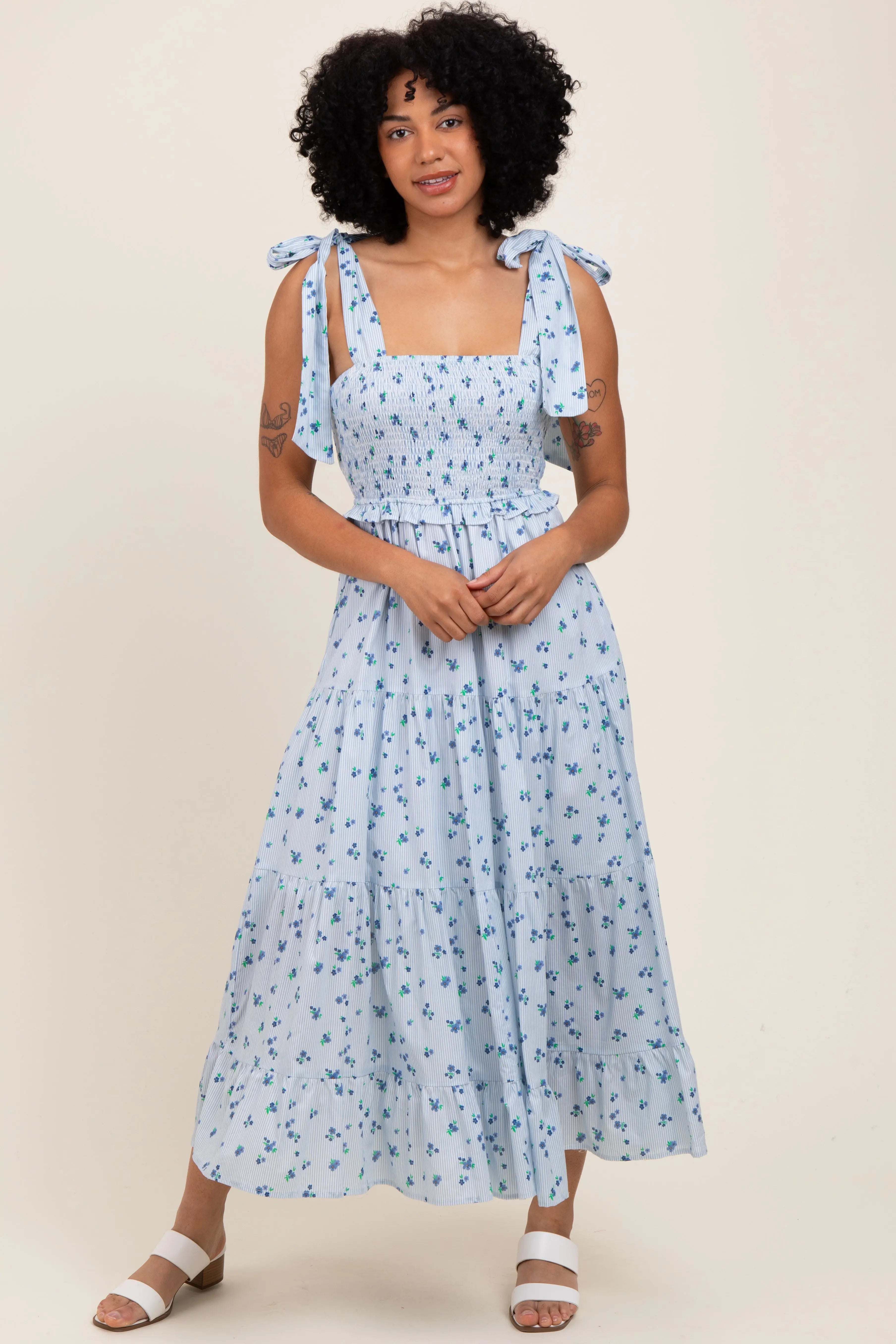 Light Blue Floral Striped Smocked Shoulder Tie Maternity Maxi Dress PinkBlush
