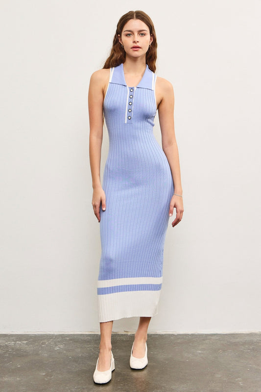 Periwinkle Knit Colorblock Stripe Sleeveless Polo Dress PinkBlush