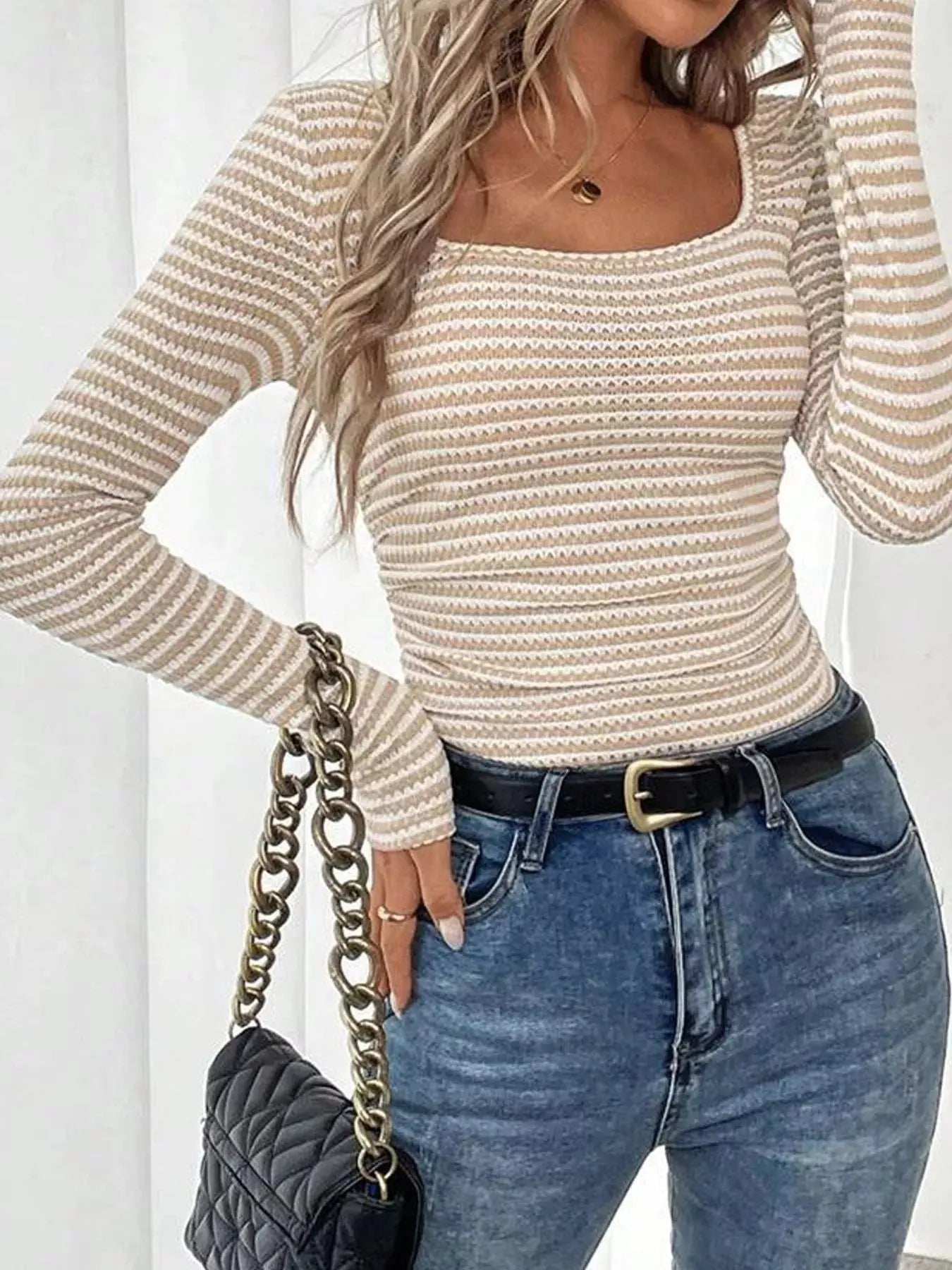 Striped Square Neck Knit Top Long Sleeve Lightweight Viscose Blend For Women Simply Love
