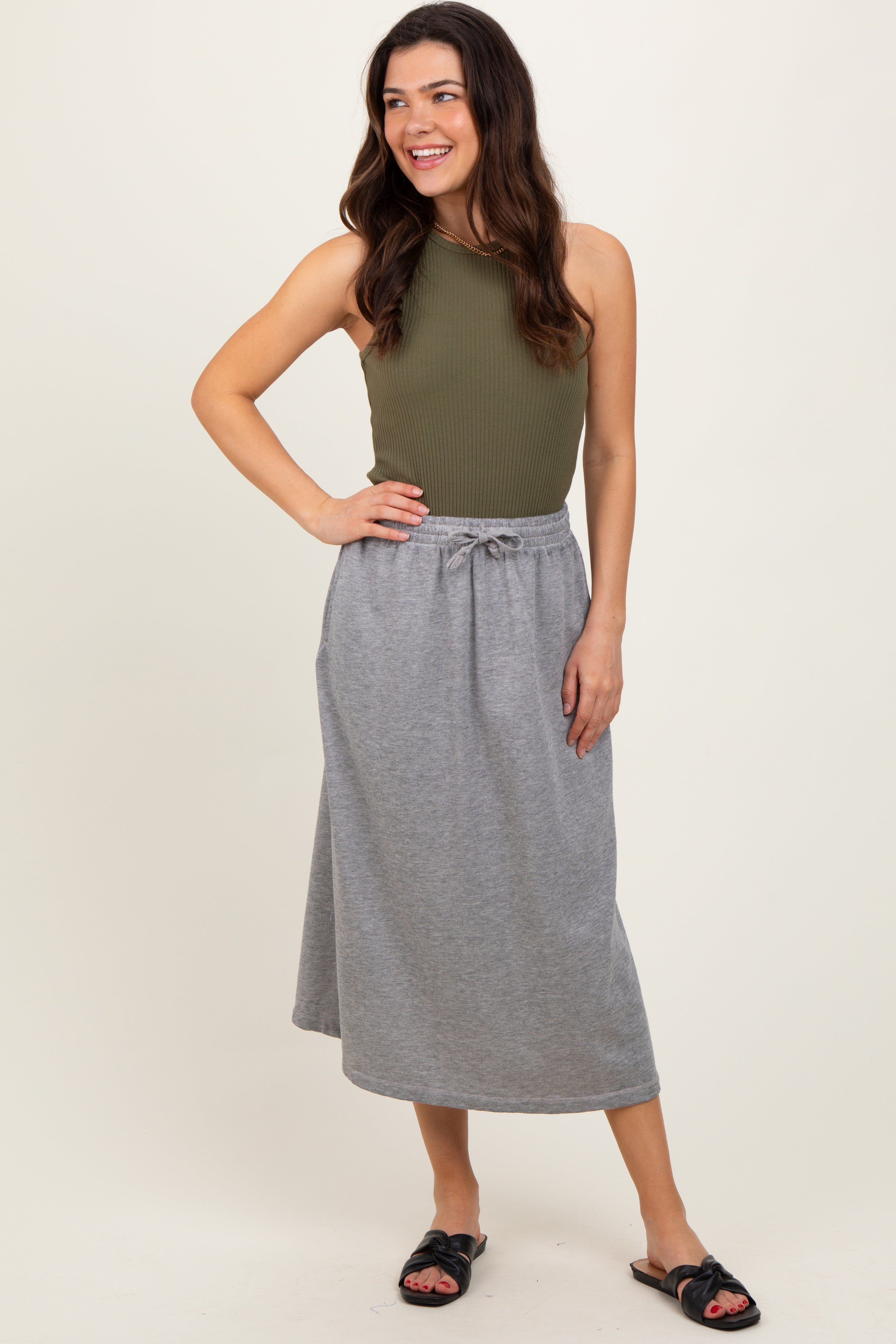 Heather Grey Terry Drawstring Midi Skirt PinkBlush