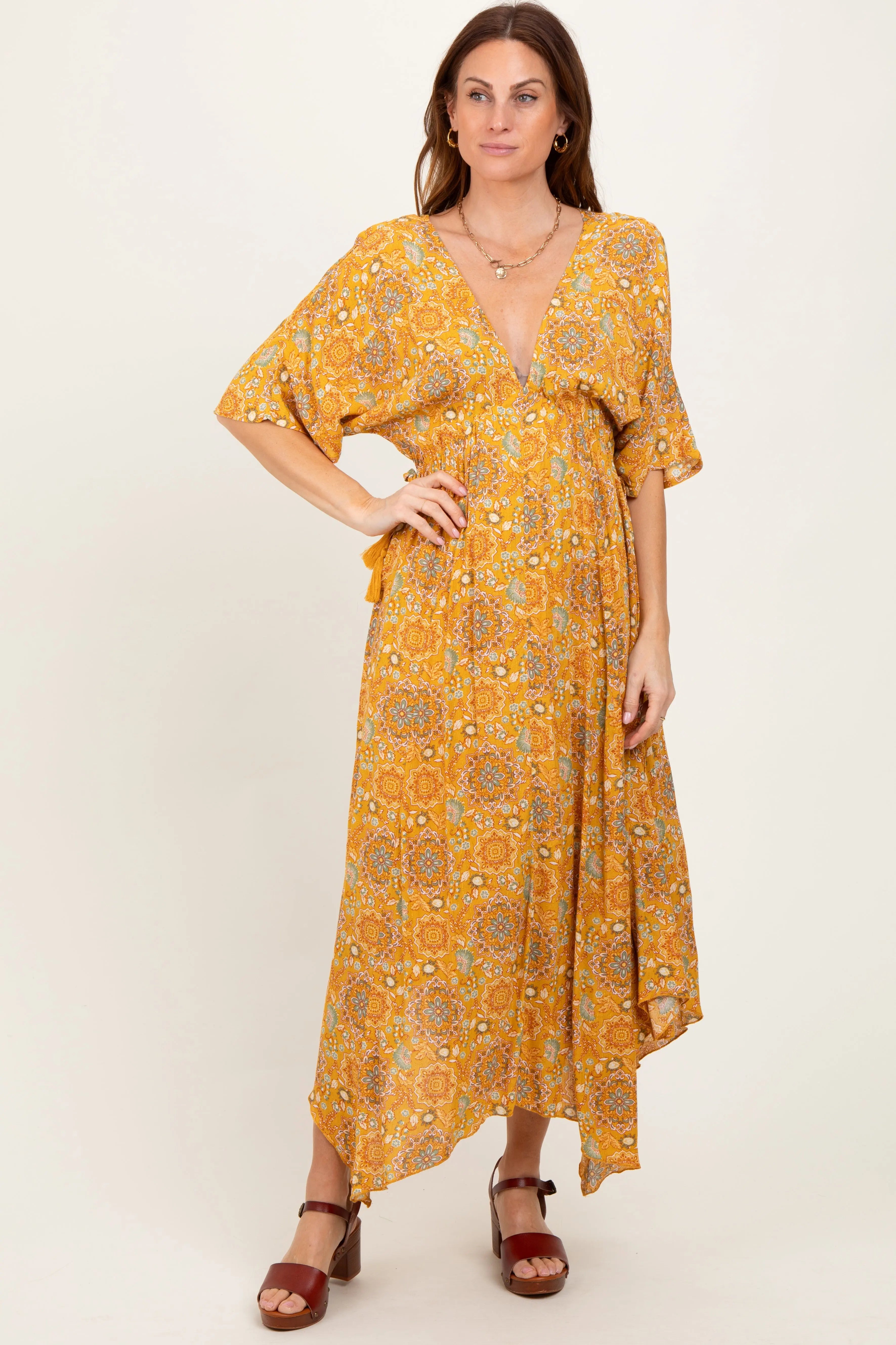 Yellow Printed Deep V-Neck Handkerchief Hem Maternity Maxi Dress PinkBlush
