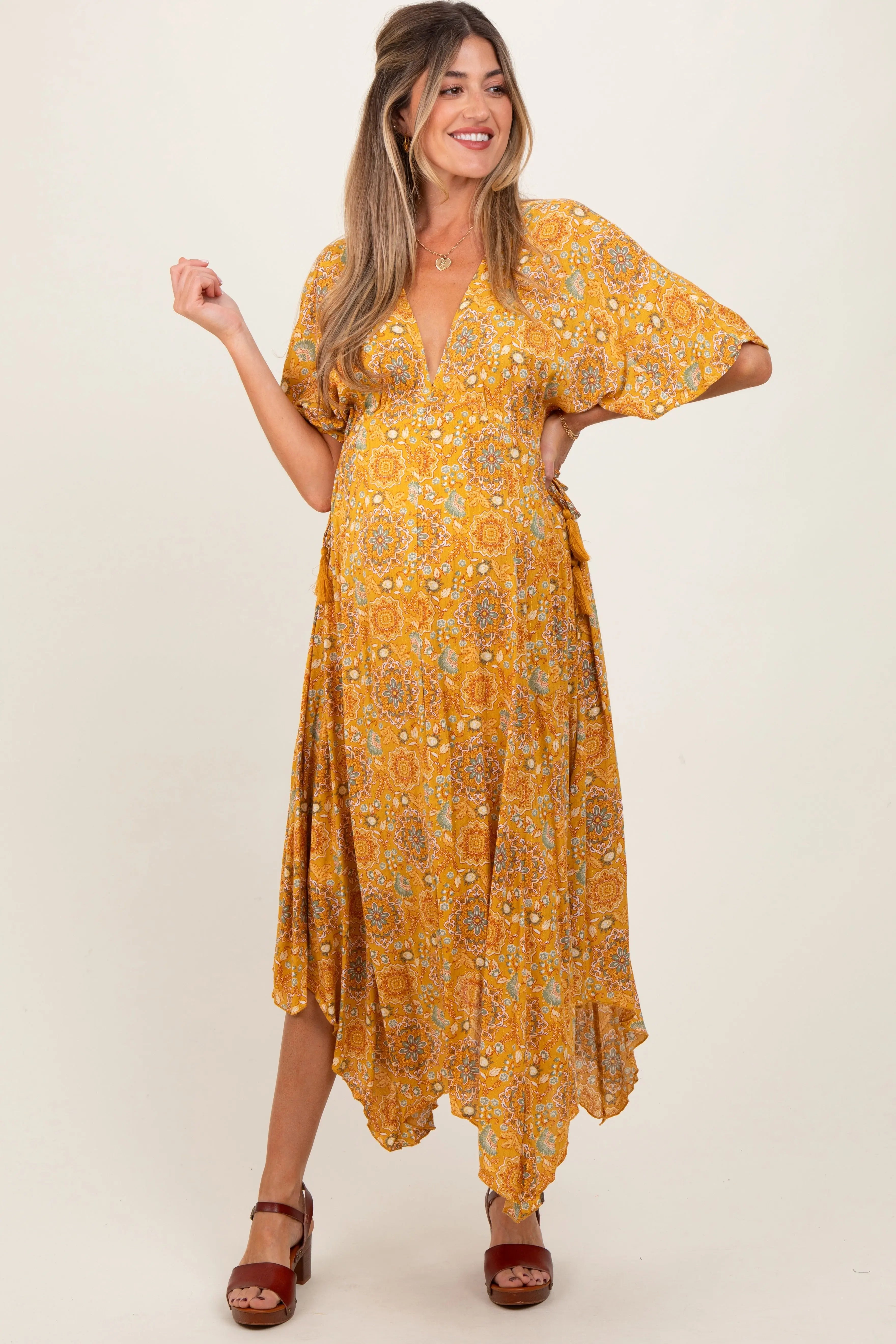 Yellow Printed Deep V-Neck Handkerchief Hem Maternity Maxi Dress PinkBlush