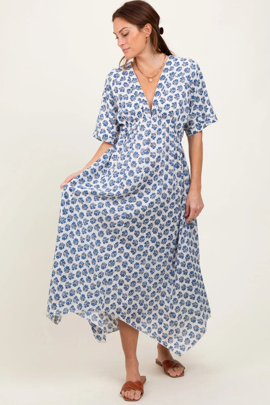 Navy Floral Deep V Neck Handkerchief Hem Maxi Dress PinkBlush