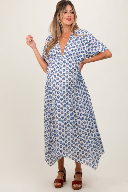 Navy Floral Deep V-Neck Handkerchief Hem Maternity Maxi Dress PinkBlush